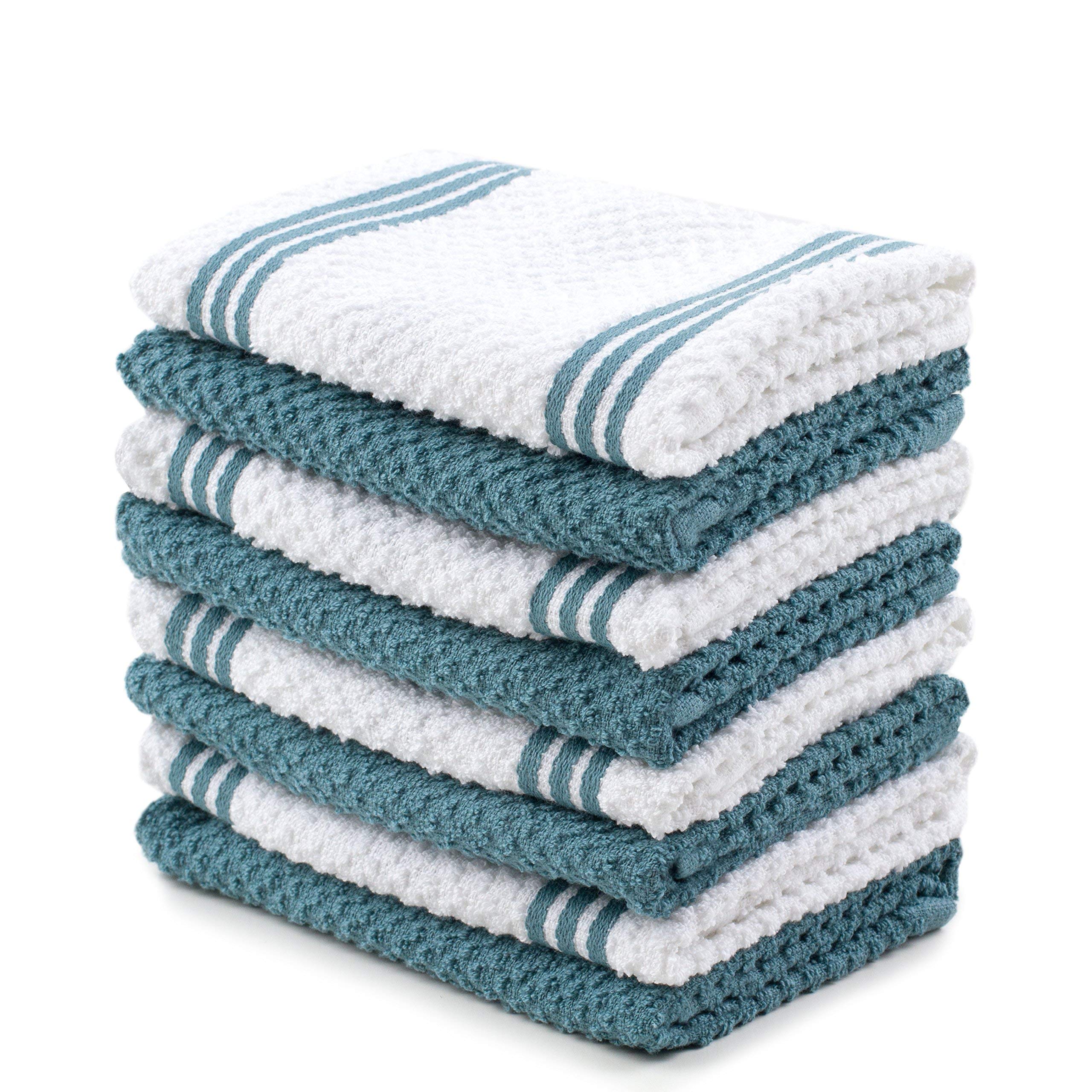 Premium 100% Cotton Kitchen Towels Set of 8 - Absorbent Blue & White Dish Cloths, Tea Towels & Reusable Cleaning Rags (12