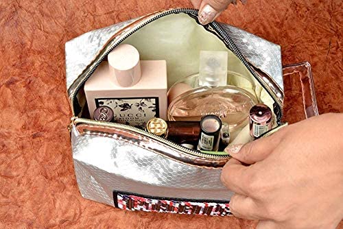 STRIPES® Waterproof PU Makeup Pouch - Travel Toiletry Bag for Women | Portable Cosmetic Organizer with Paris Sequins Patch | Perfect for Vacation, Gym & Daily Essentials Storage (Blue)