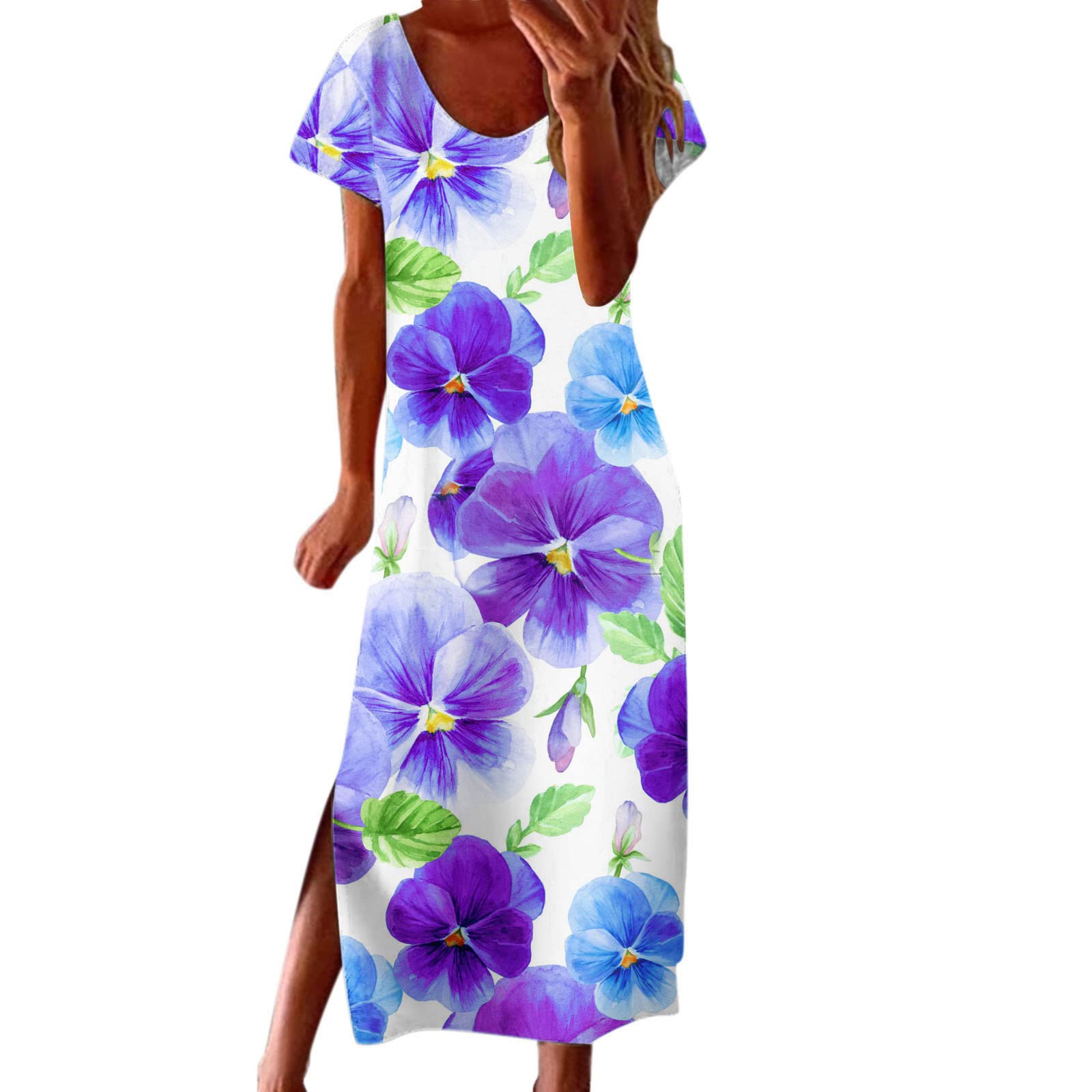 MAYW Women's Casual Summer Dress - Loose Fit Gradient Print Short Sleeve Round Neck Flowy Maxi Dress for Beach, Vacation & Everyday Wear
