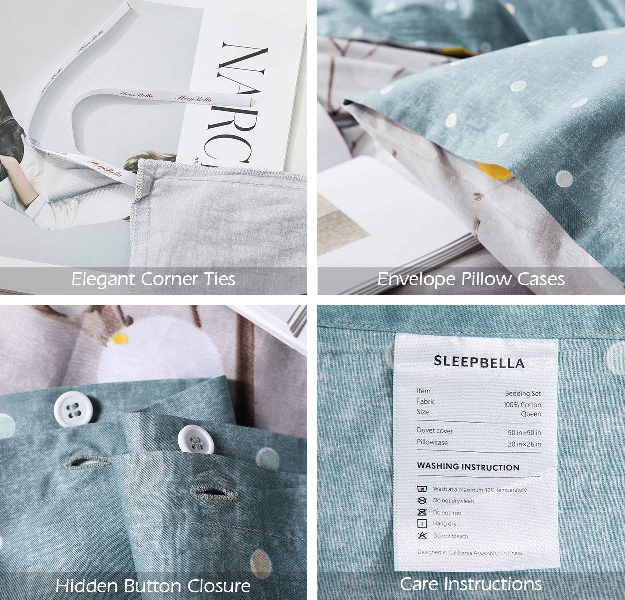 SleepBella King Size Duvet Cover - 600 Thread Count 100% Cotton Grey Branch with Yellow Turquoise Polka Dot Pattern, Reversible Comforter Cover (King, Grey Branches) for Bedroom Decor & Guest Room Styling