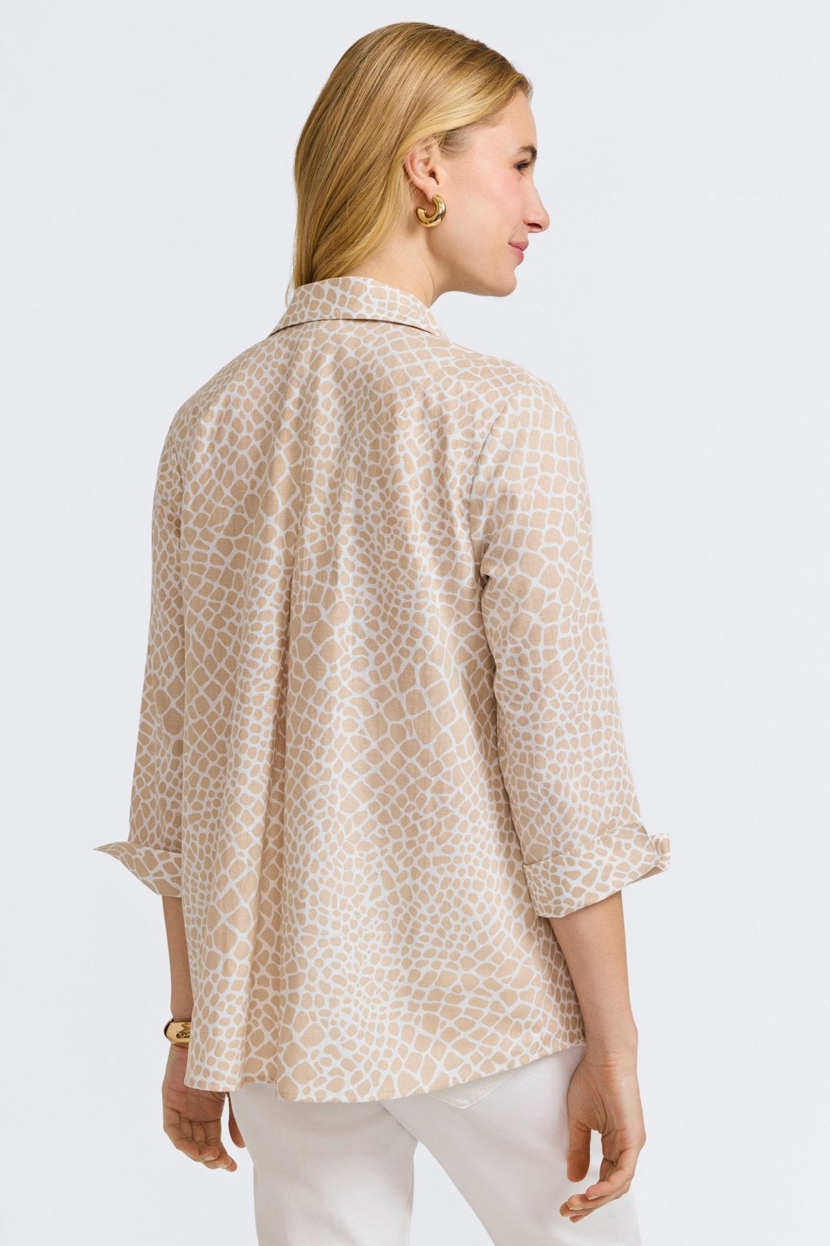 Agnes Linen Giraffe Print 3/4 Sleeve Popover Shirt for Women | Casual Summer Top for Beach, Vacation & Everyday Wear
