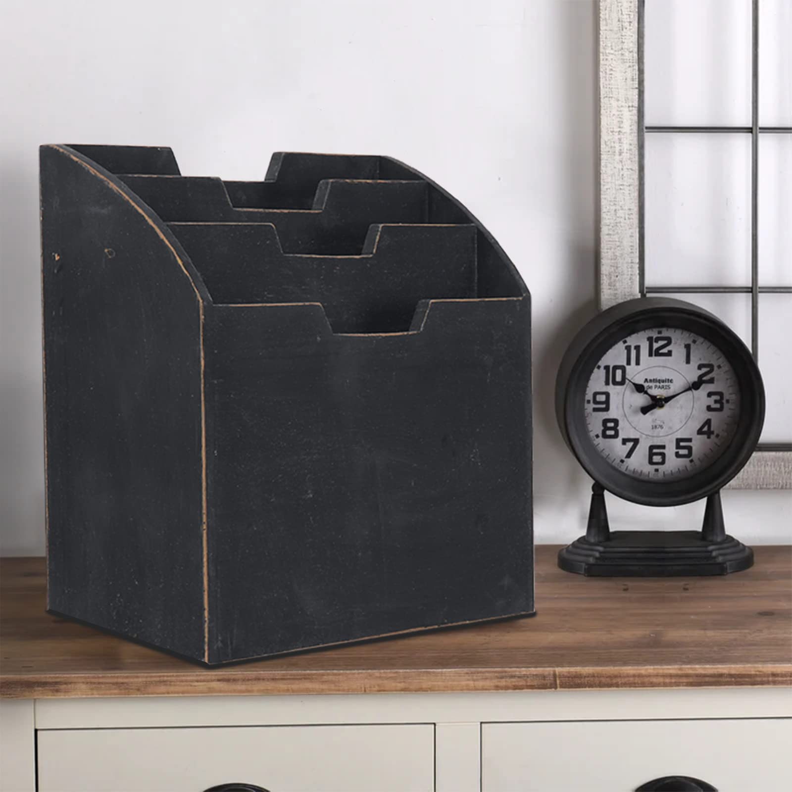 Rustic Black Distressed Wooden Desk Organizer - Mail Sorter, Paper File Holder, Magazine & Bill Organizer for Home Office, Bedside Table, and Countertop Use
