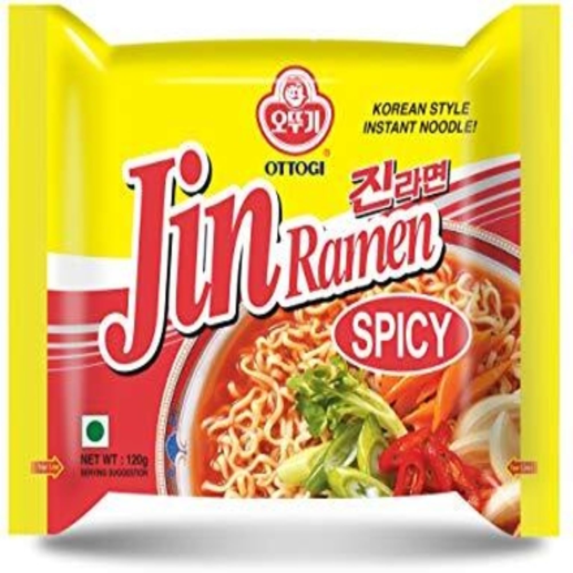 Ottogi Jin Ramen Korean Style Vegetarian Instant Noodles - Spicy Flavor 120g (Pack of 5) | Authentic Korean Ramen | Quick Meal, Office Lunch, College Dorm Snack