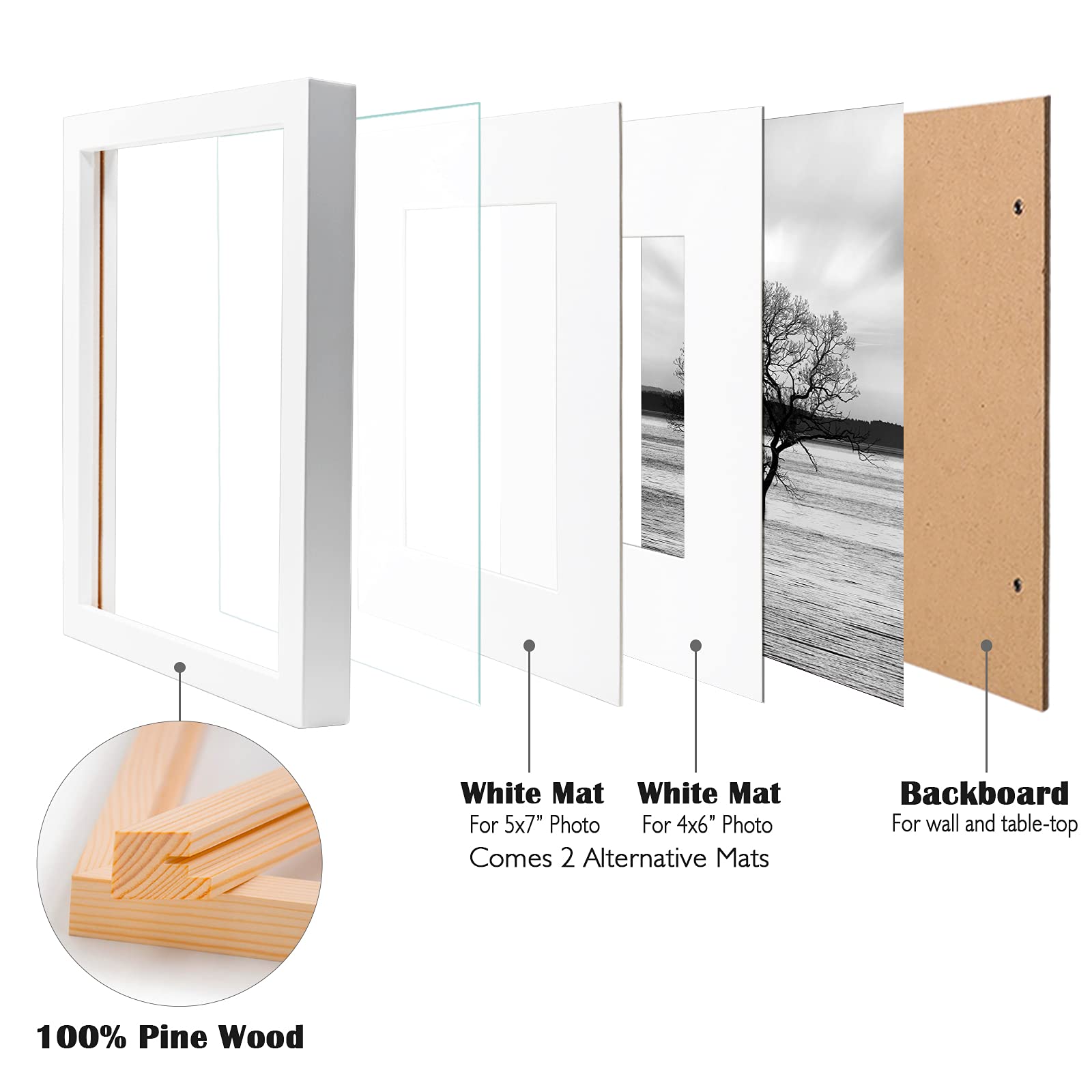 EGOFINE 10x8 Photo Frames Set of 4 - Solid Wood Picture Frames with Acrylic Glass, Mat Opening for 6x4 & 7x5 Photos (20x25cm), White - Perfect for Tabletop Display, Wall Decor, and Printed Poster Frames for Home & Office