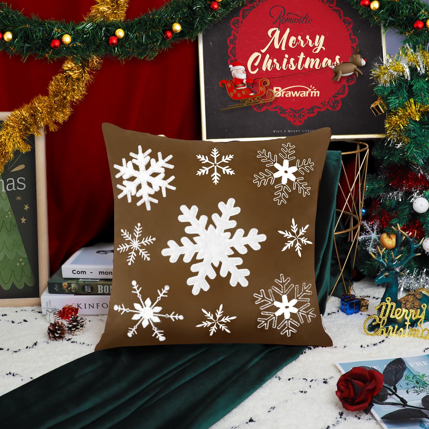 BRAWARM 18x18 Inch Christmas Snowflake Embroidered Velvet Pillow Cover - Soft Decorative Brown Throw Pillow for Couch, Bed, Sofa | Perfect for Living Room, Home Decor & Holiday Gift Giving