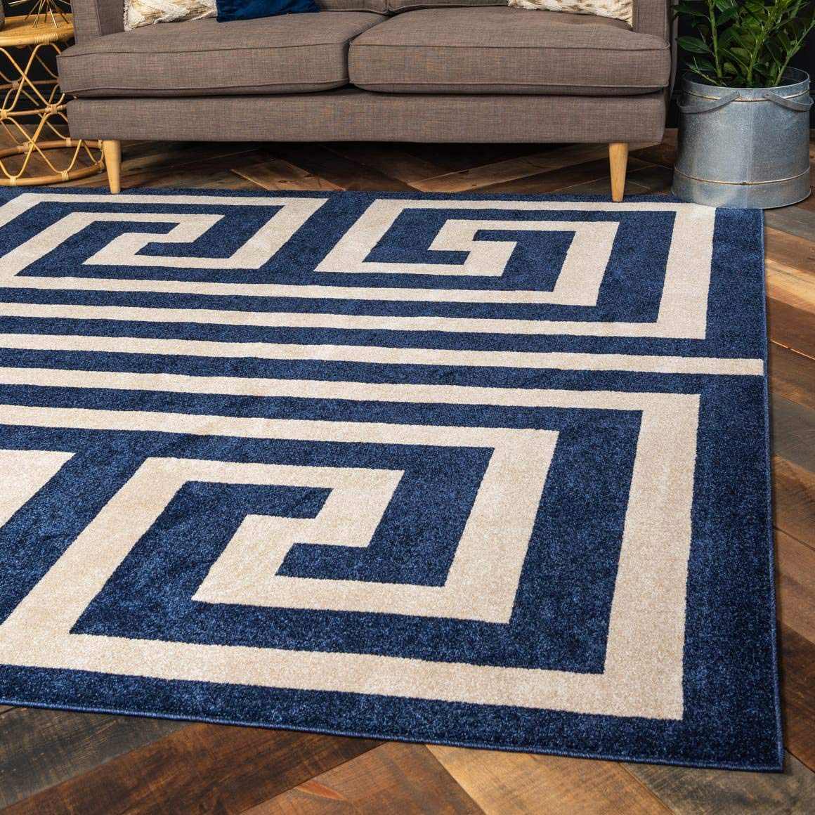 Unique Loom Athens Collection 8x8 ft Navy Blue/Beige Geometric Modern Border Area Rug - Perfect for Living Room, Bedroom & Office Decor