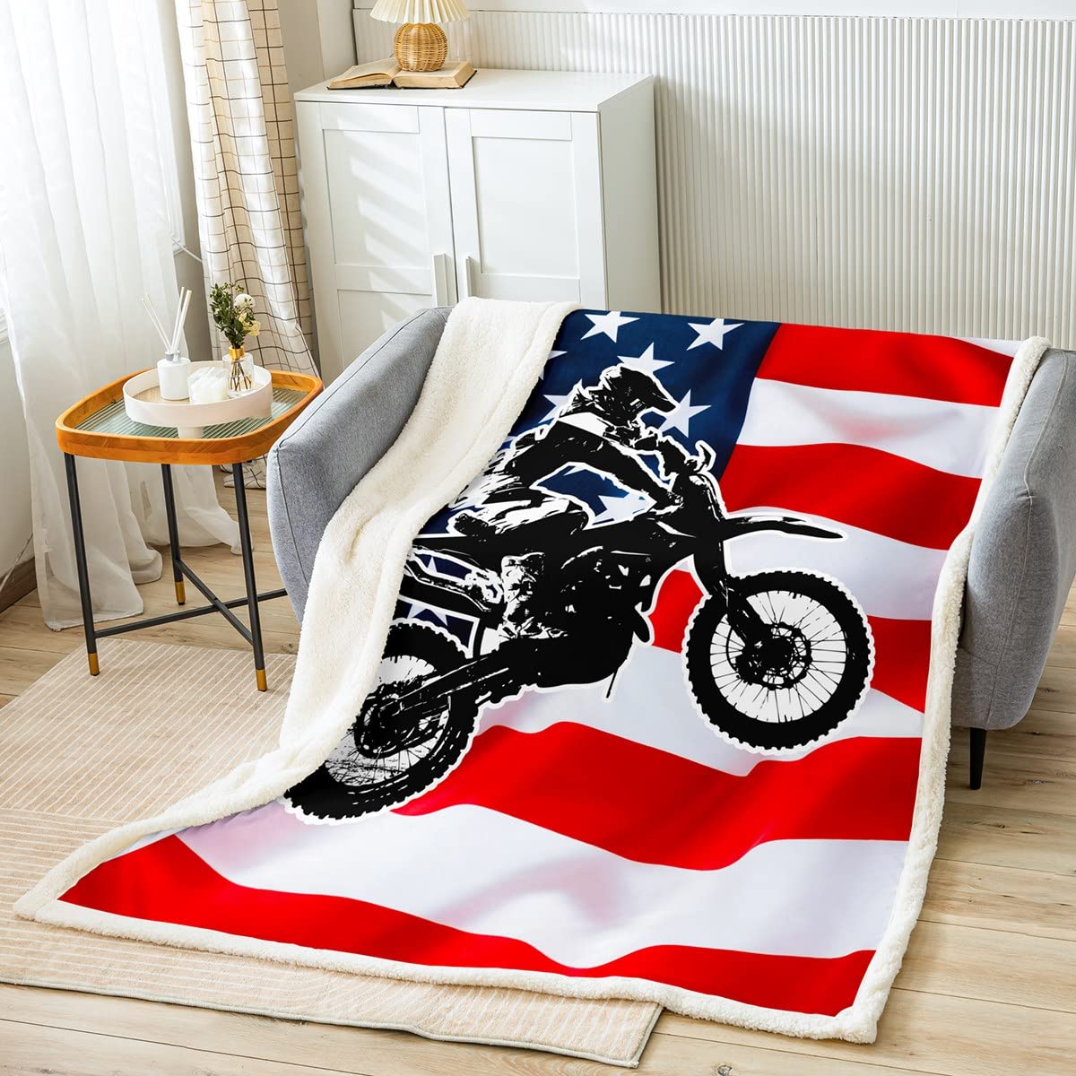 Erosebridal American Flag Fleece Throw Blanket 40x50 Inches - Red White Stripes Stars Sherpa Blanket for Kids Boys Teens, Soft Microfiber Motocross Extreme Sports Blanket, Perfect for Couch Chair Decor, Bedroom & Outdoor Camping