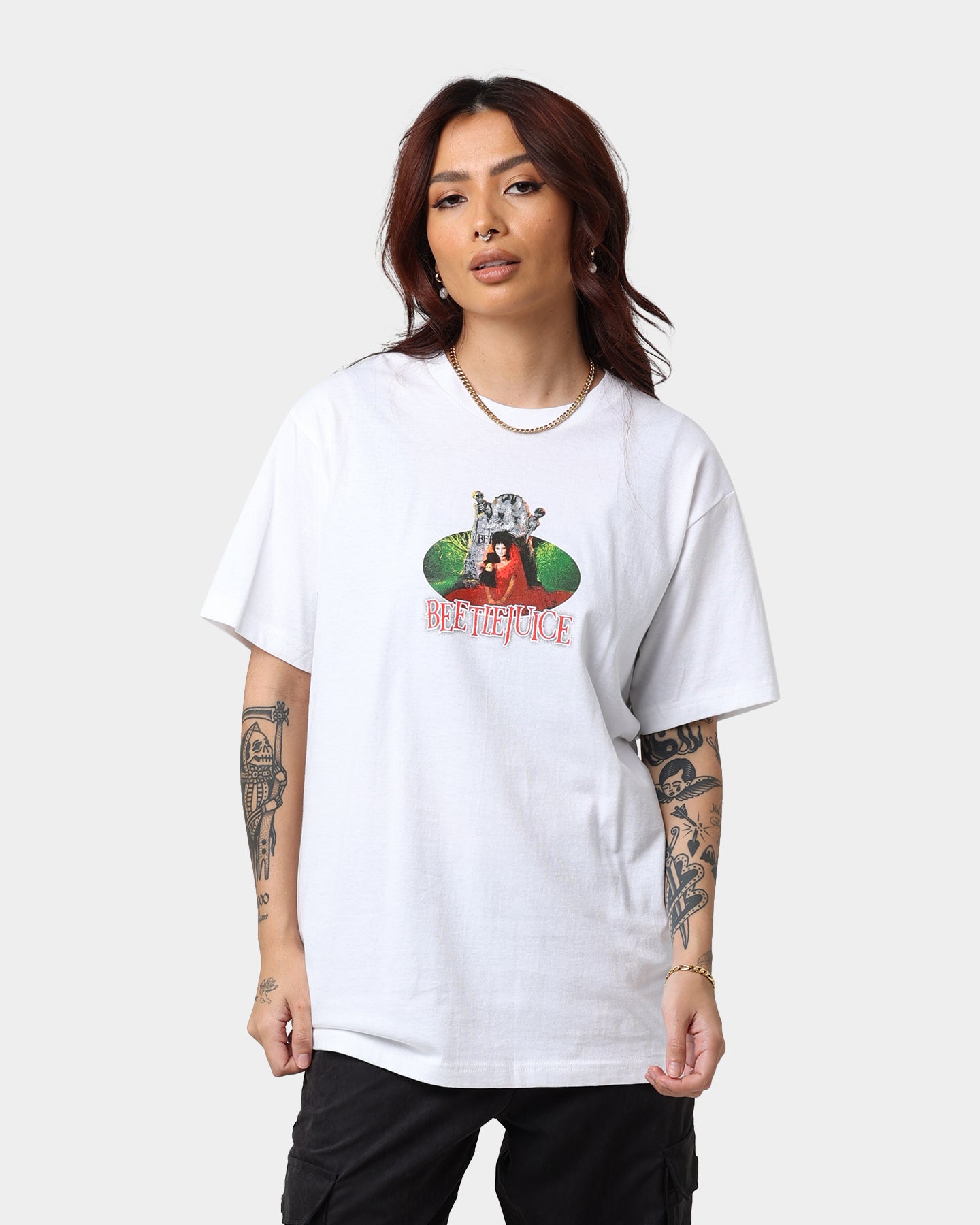 American Thrift X Beetlejuice Lydia Graphic T-Shirt - White Cotton Tee for Movie Fans & Halloween Costumes