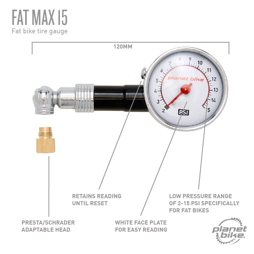 Planet Bike Fat Max 15 Bike Tire Gauge - High Pressure Bicycle Tire Pump Accessory for Mountain, Road & Hybrid Bikes - Perfect for Cycling Enthusiasts & Professional Riders