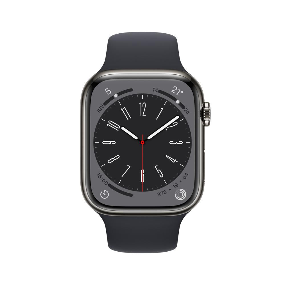 Apple Watch Series 8 (GPS + Cellular) 45mm Graphite Stainless Steel Case with Midnight Sport Band - Perfect for Fitness Tracking, Calls & Smart Notifications