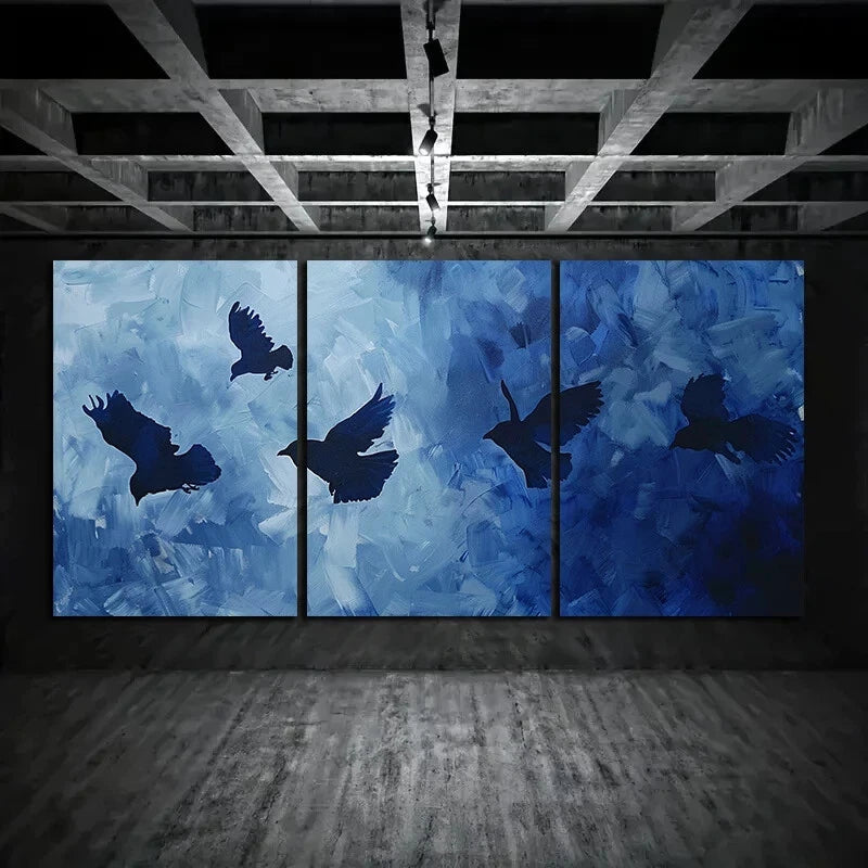 3-Piece Abstract Blue Modern Black Bird Metal Wall Art - Ready to Hang Home Decor for Living Room, Bedroom & Office