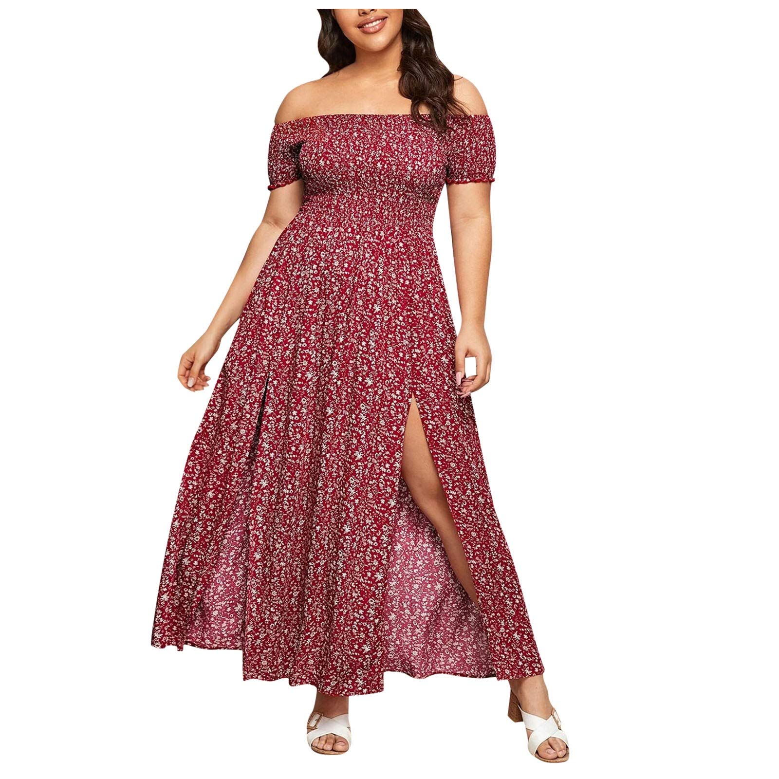Plus Size Women's Summer Floral Dress - Off Shoulder Shirred Bodice & Thigh Split Design - Boho Chic Flowy Maxi Dress for Beach, Vacation & Casual Outings