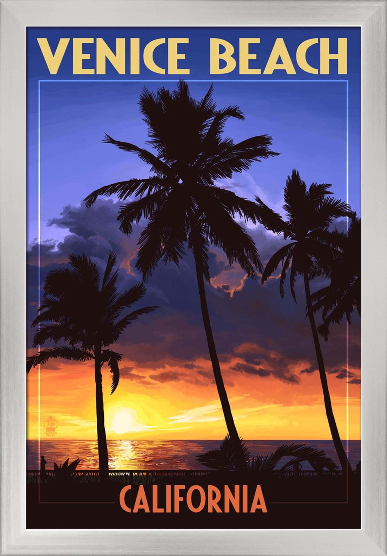 Venice Beach California Sunset Palms Art Print - 16x24 Inch Giclee Fine Art on Recycled Wood Frame in Silver - Perfect for Coastal Home Decor & Beach House Wall Art