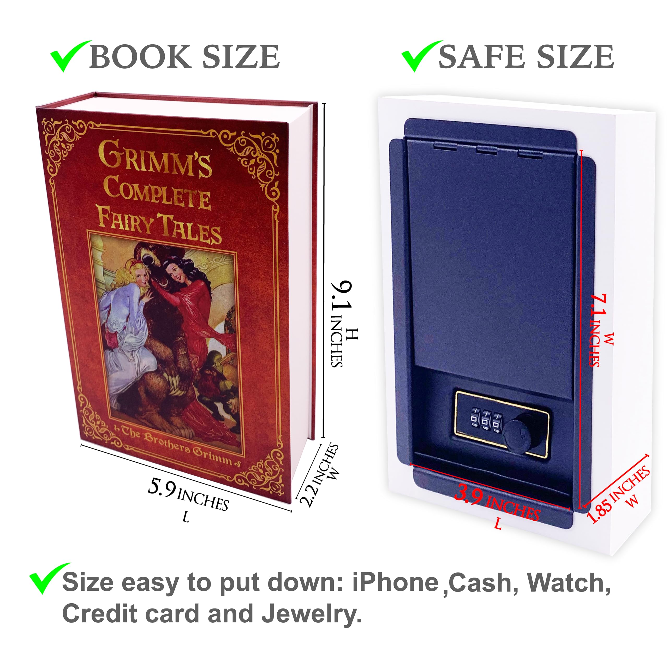 Deversion Book Safe Storage Box with Combination Lock & Key - 9.3x6x2.3 Inch Hidden Money Safe for Cash, Jewelry & Valuables - Perfect for Home, Office & Travel Security (Grimm's Fairy Tales Design)