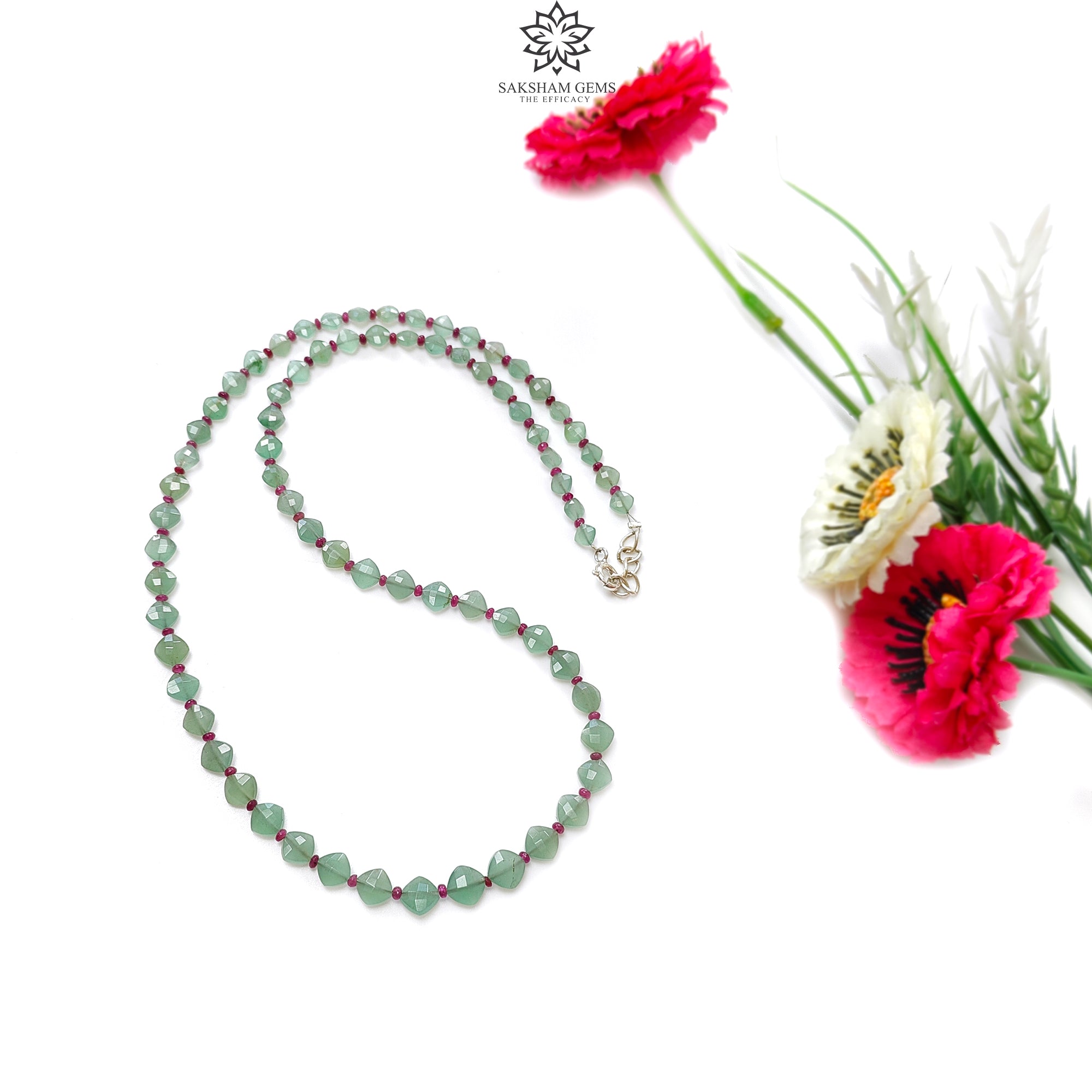 925 Sterling Silver Ruby & Green Quartz Briolette Faceted Cushion Necklace - 8.5gms Elegant Beaded Jewelry for Women | Perfect for Weddings, Parties & Special Occasions