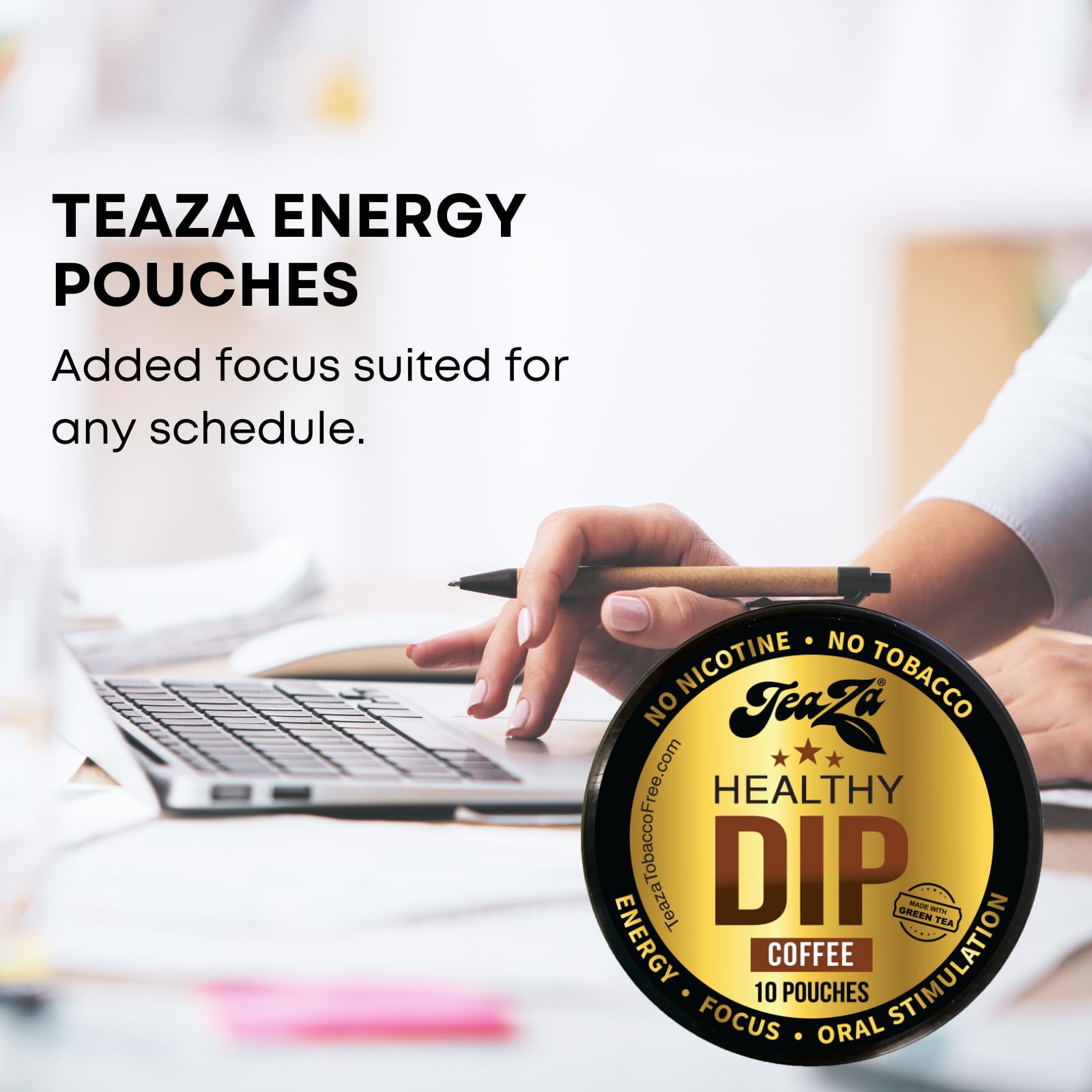 TeaZA Herbal Dip Coffee Pouches - Nicotine Free, Tobacco Free, Caffeinated Energy Pouches with Green Tea Extract (4 Pack) - Perfect for Workouts, Travel & Focus Boosting