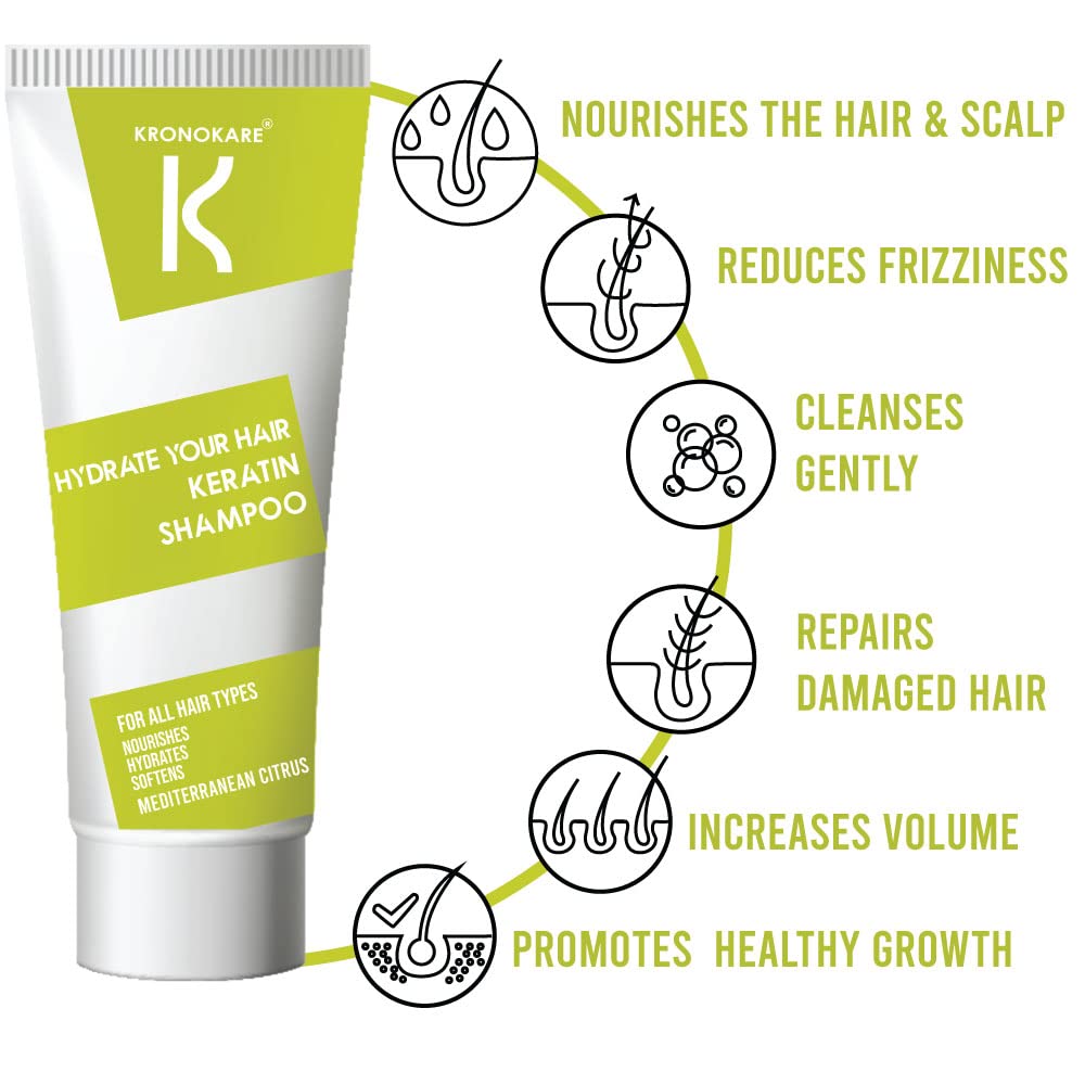 Kronokare Hydrating Keratin Shampoo with Rice Bran, Bergamot & Lemon - Vitamin E Enriched, Sulfate Paraben & Silicone Free (50g) - For Dry, Damaged Hair Repair & Daily Moisturizing