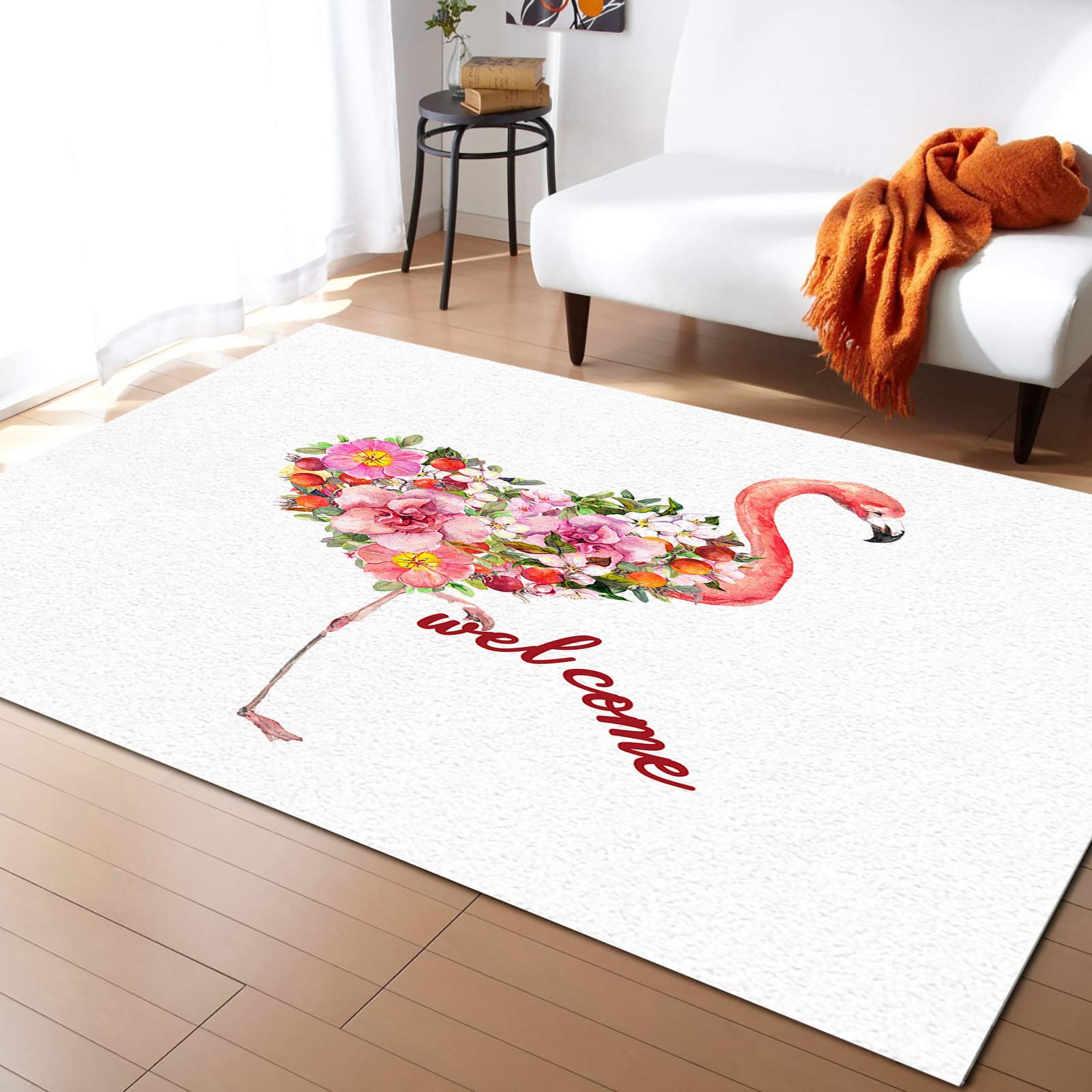 5'x7' Flamingo Area Runner Rug - Washable Indoor Outdoor Carpet for Kitchen, Living Room, Bathroom, Bedroom, Classroom & Laundry Room | Tropical Floral Summer Spring Doormat, Welcome Mat & Desk Decor | Perfect for Beach House, Patio, Entryway & Dorm Decorations
