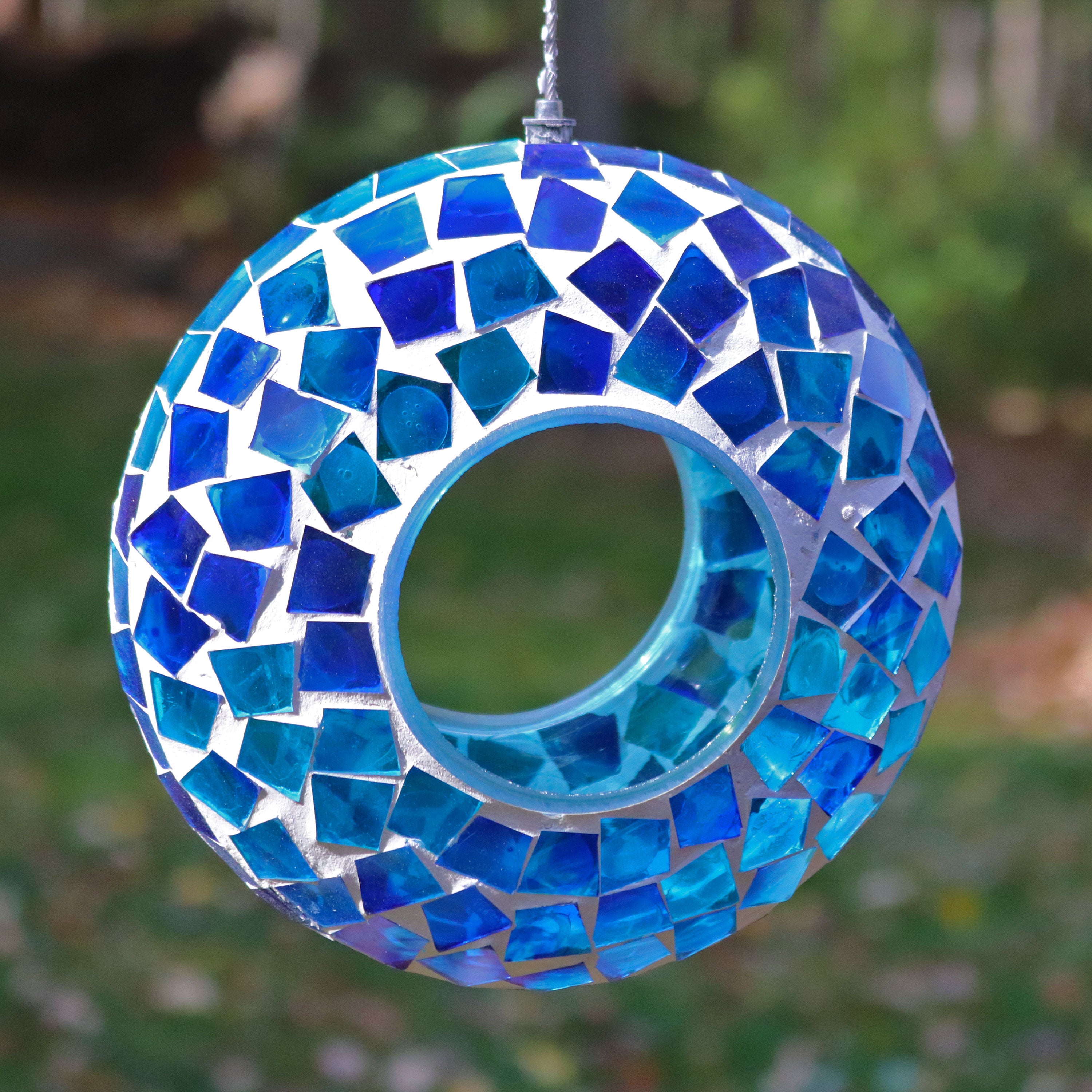 Sunnydaze Mosaic Fly Through Hanging Bird Feeder - 6 Inch Decorative Garden Bird Feeder for Outdoor Use, Attracts Wild Birds to Your Backyard or Patio