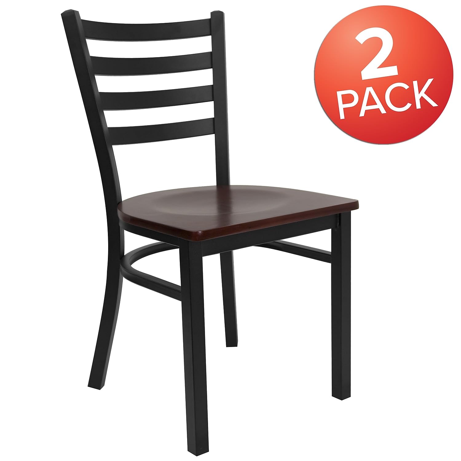 Flash Furniture 2-Pack HERCULES Series Black Metal Ladder Back Restaurant Chairs with Mahogany Wood Seats - Heavy Duty Commercial Dining Chairs for Restaurants, Cafes, and Home Kitchens