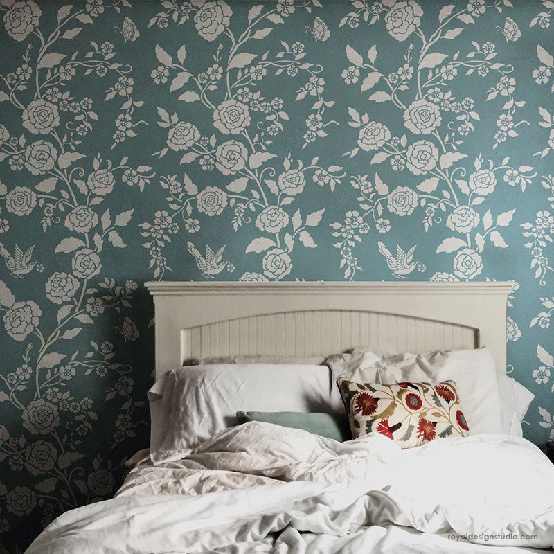 Meandering Rose Chinoiserie Wall Stencil - DIY Home Decor for Bedroom, Living Room & Nursery - Floral Pattern Painting Template for Walls and Furniture
