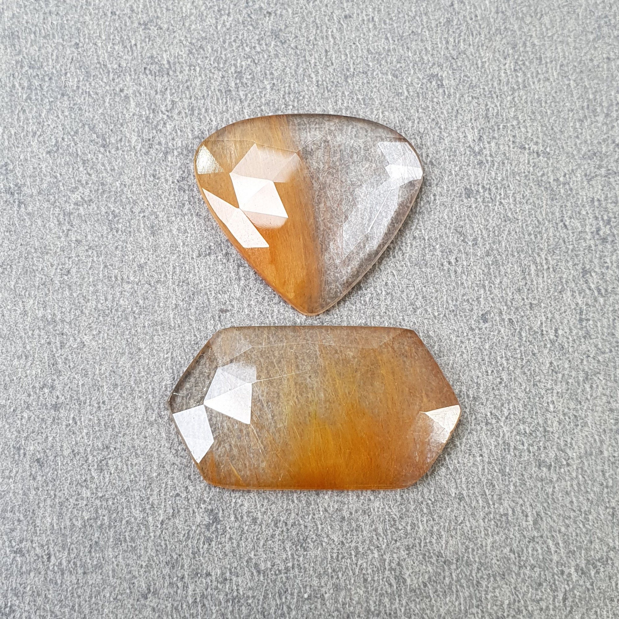Natural Brown Rutile Quartz Gemstone Rose Cut - 27.00ct Untreated Hexagon & Triangle (28x15mm & 23x21mm) 2pc Set with Video | Healing Crystal, Jewelry Making, Meditation Stone