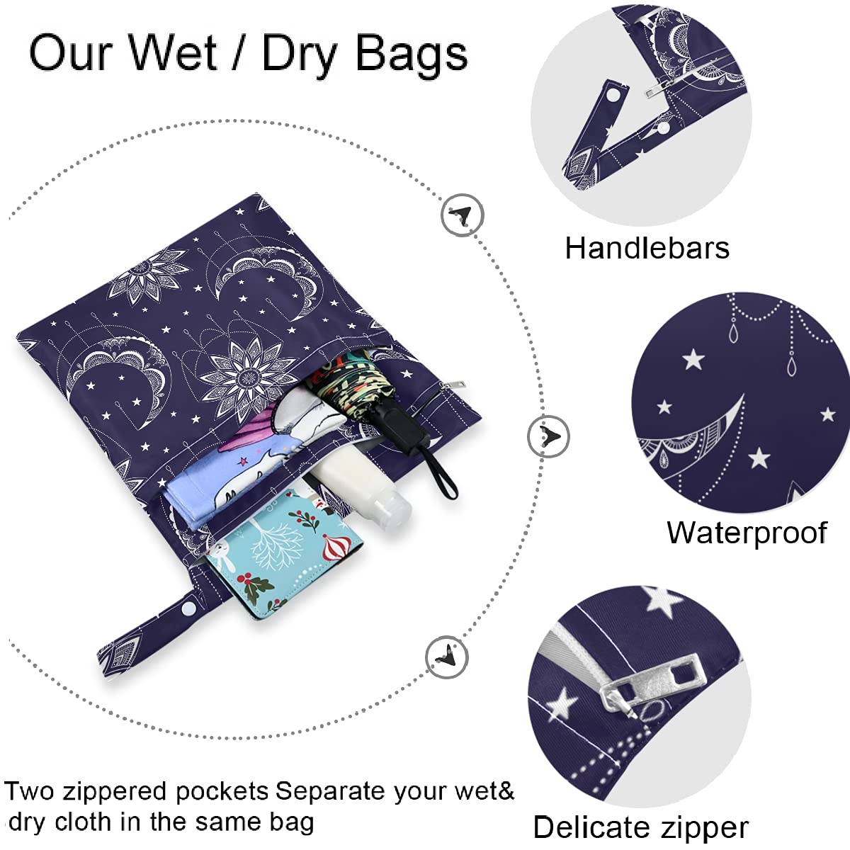Visesunny Vintage Moonsun 2-Pack Waterproof Wet Bags with Zipper Pockets - Reusable Washable Diaper Bag for Travel, Beach, Daycare, Gym & Swimming - Perfect for Strollers, Dirty Clothes, Swimsuits & Toiletries Organization