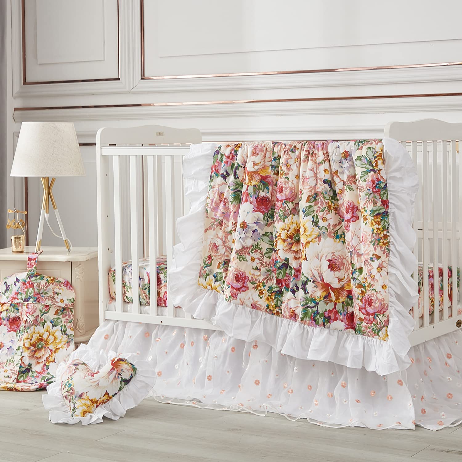 Brandream Floral Crib Bedding Set 6-Piece for Baby Girls - Luxury French Country Nursery Set with Tulle Lace & Embroidered Flowers, Blush Pink & White - Perfect for Newborn Nursery, Baby Shower Gift & Photo Shoots