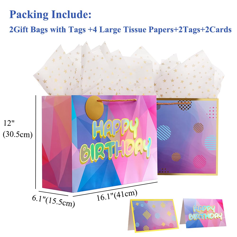 16 Inch Extra Large Happy Birthday Gift Bags with Tissue Paper & Cards - Premium Birthday Present Bags for Women, Girls & Kids - Perfect for Birthday Parties, Baby Showers & Special Occasions