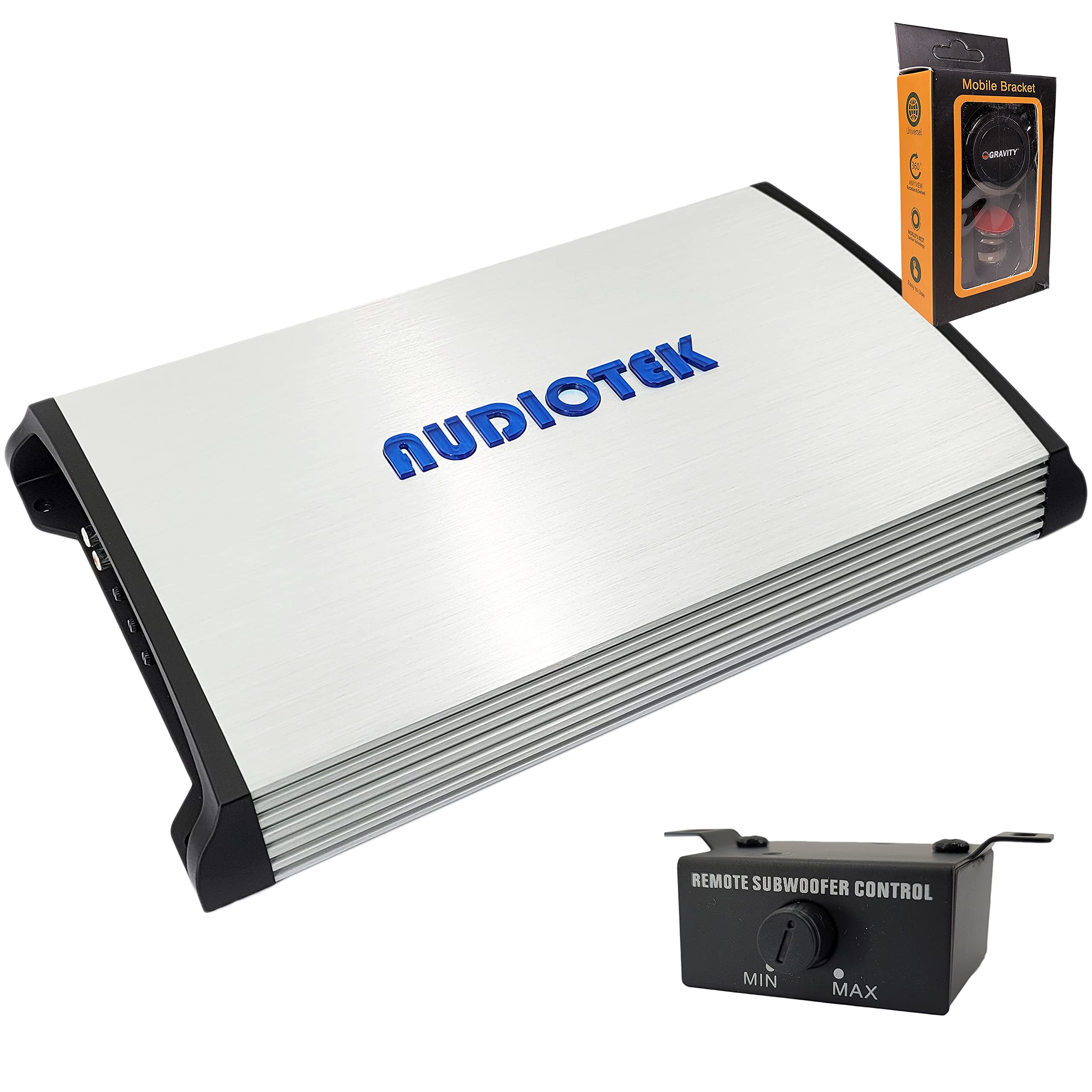 AUDIOTEK AT5000S 2 Channel 5000W Car Stereo Amplifier - 2 Ohm Stable, LED Indicator, Bass Knob, Full Range Audio - Perfect for Car Speakers & Subwoofers | Includes Phone Holder | Great for Road Trips & Car Audio Upgrades