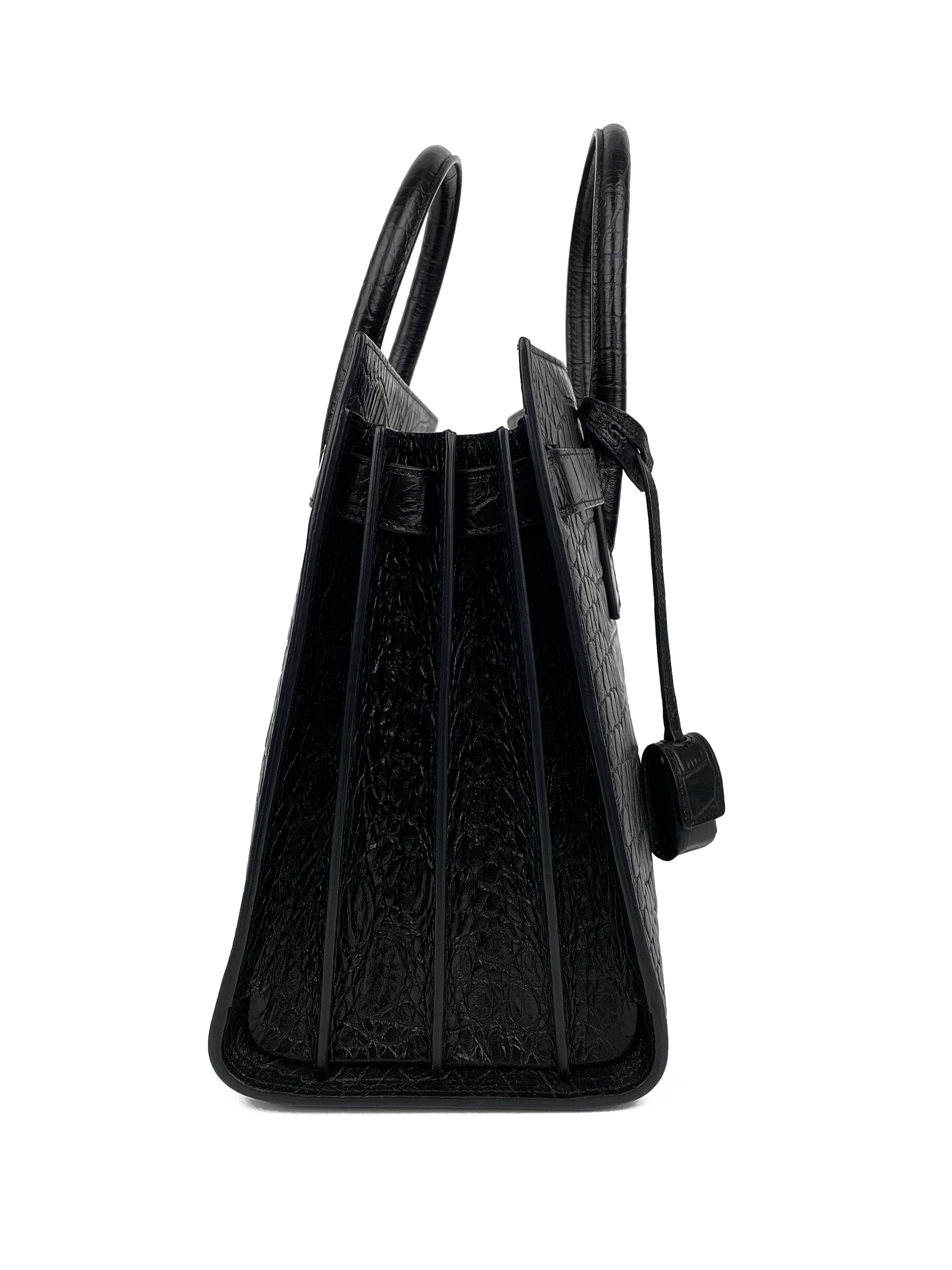 Saint Laurent Small Black Croc-Embossed Leather Sac de Jour Handbag for Women | Luxury Designer Tote Bag for Work, Travel & Everyday Use