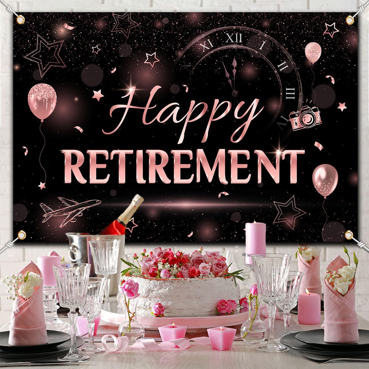 Rose Gold Retirement Backdrop Banner - Happy Retirement Decorations for Women, Retirement Party Photo Booth Supplies - Perfect for Retirement Celebrations, Office Farewells & Milestone Parties