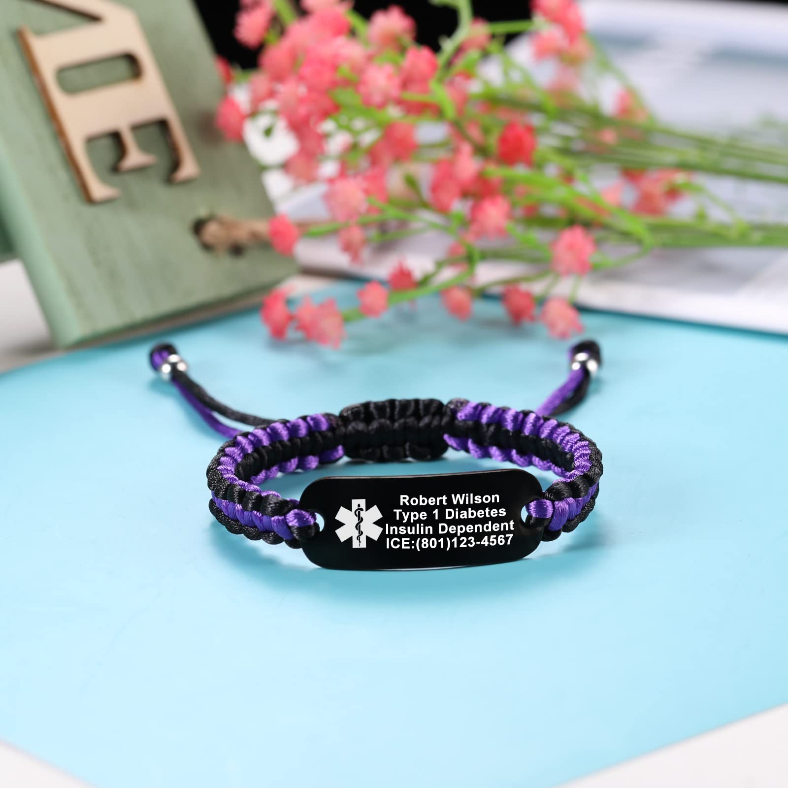 Custom Engraved Medical ID Bracelets for Women & Men - Purple Stainless Steel Braided Nylon Rope with Black Curved Card | Free Personalization | Ideal for Diabetes, Allergies & Emergency Medical Identification