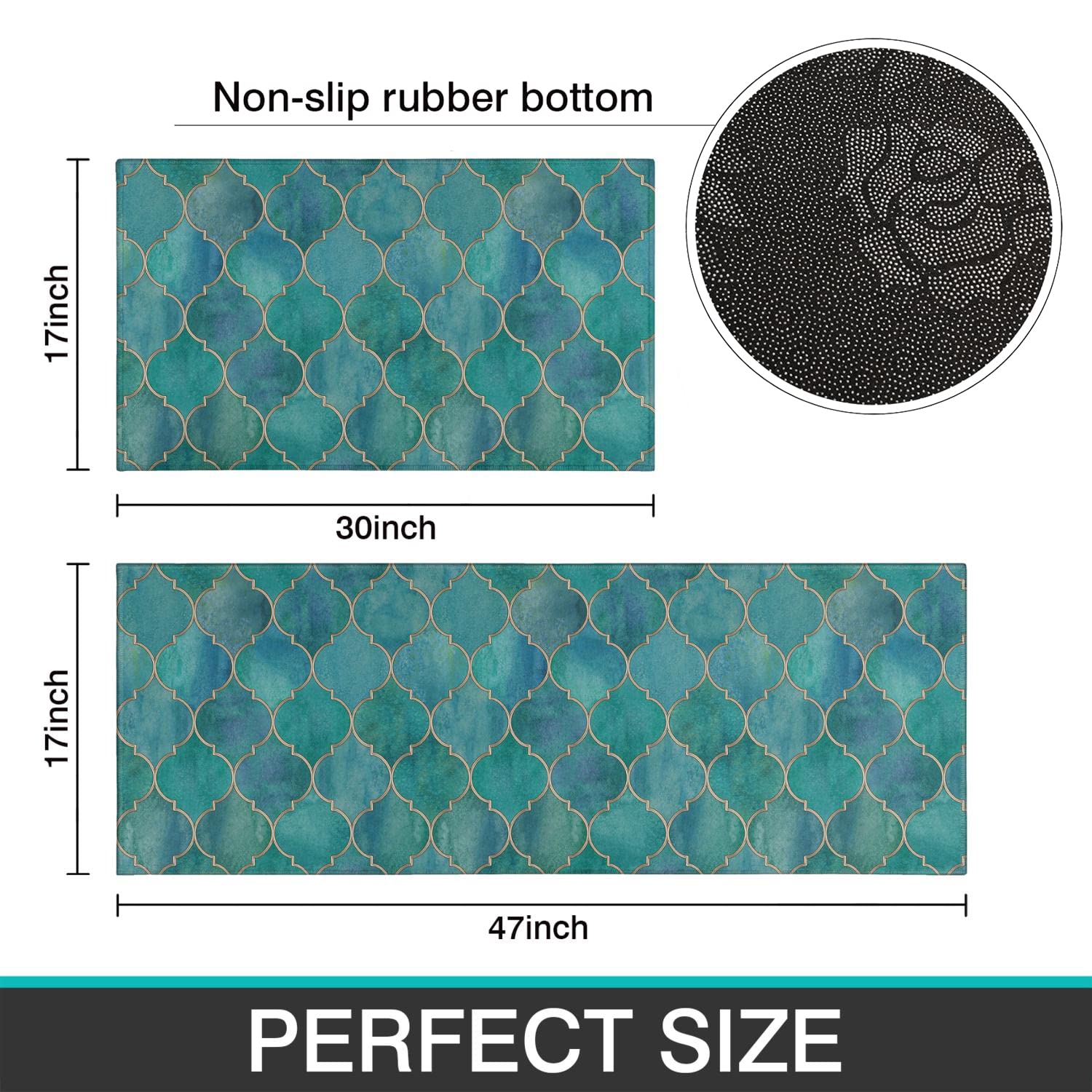 Non-Slip Washable Teal Kitchen Rugs Set of 2 - Soft Turquoise Decor Floor Mats for Kitchen, Dining Room & Entryway - Anti-Skid Bathroom Rug Pads with Non-Slip Backing (2-Piece Set)