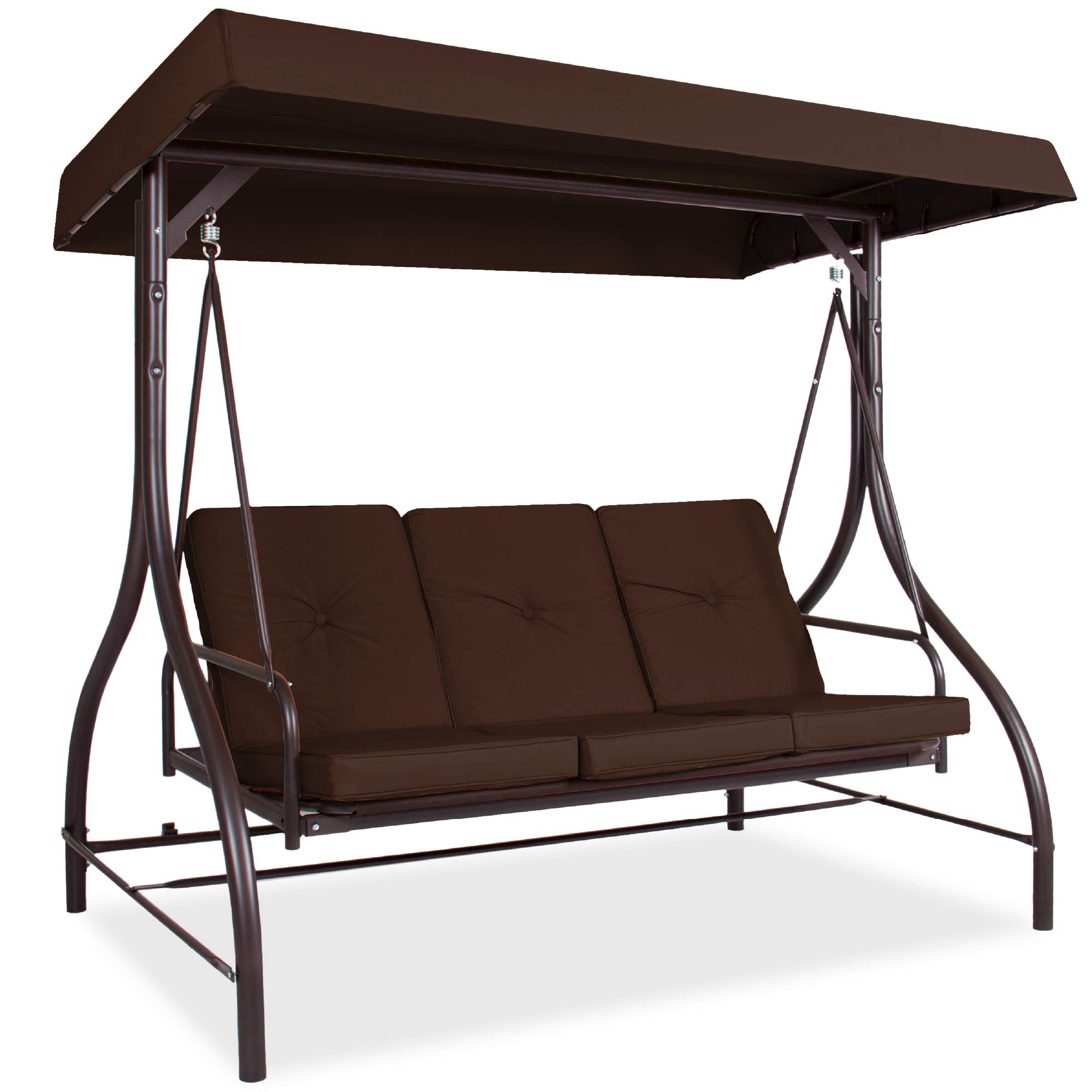 Best Choice Products 3-Seat Outdoor Canopy Swing Glider with Adjustable Shade - Patio Hammock Lounge Chair for Porch, Backyard, Garden w/ Flatbed & Removable Cushions - Brown - Perfect for Relaxing, Lounging & Outdoor Entertaining