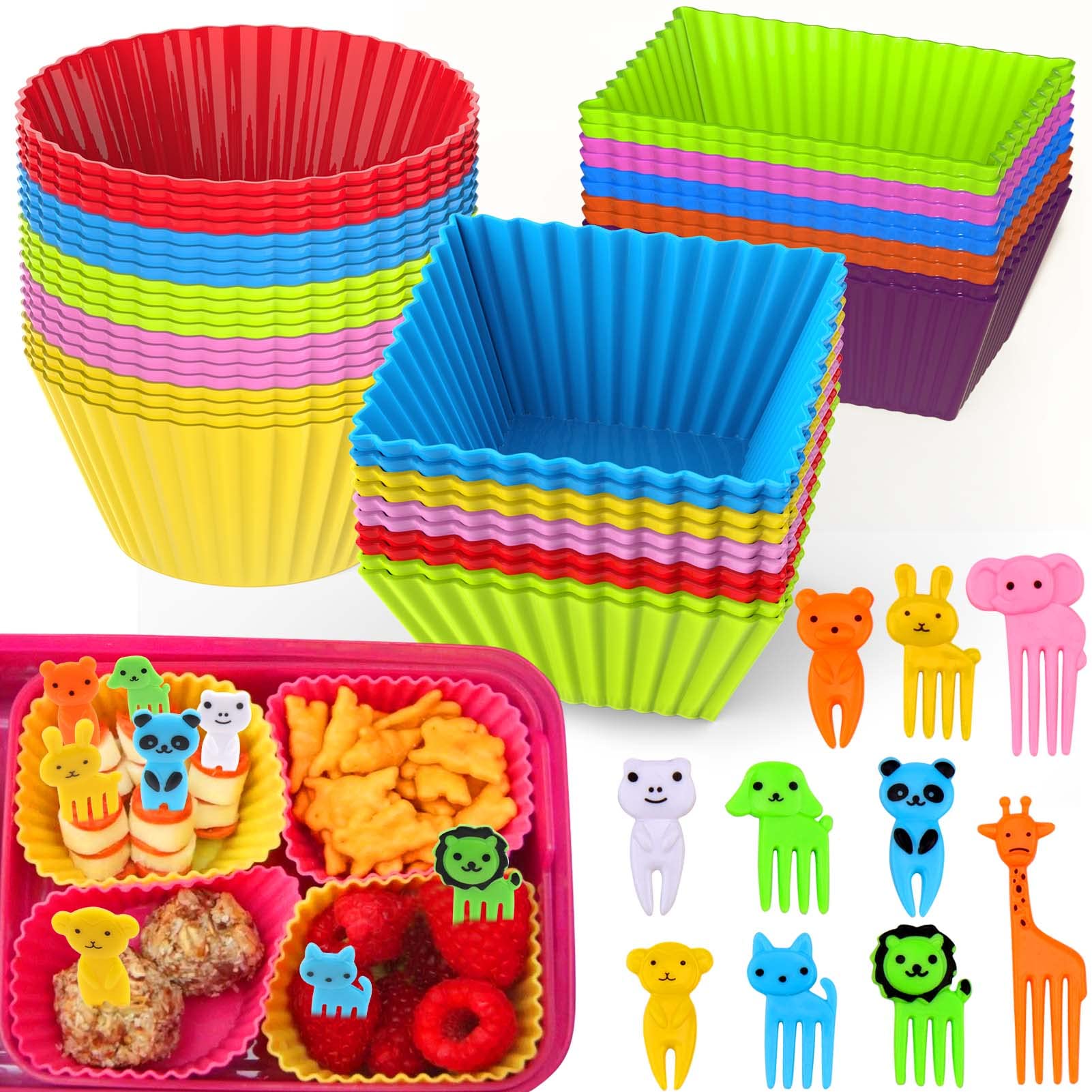 XANGNIER 60 PCS Bento Box Lunch Box Kit with Silicone Dividers & Animal Food Picks for Kids - BPA Free, Leak Proof, Eco-Friendly Lunch Containers for School, Office & Picnic