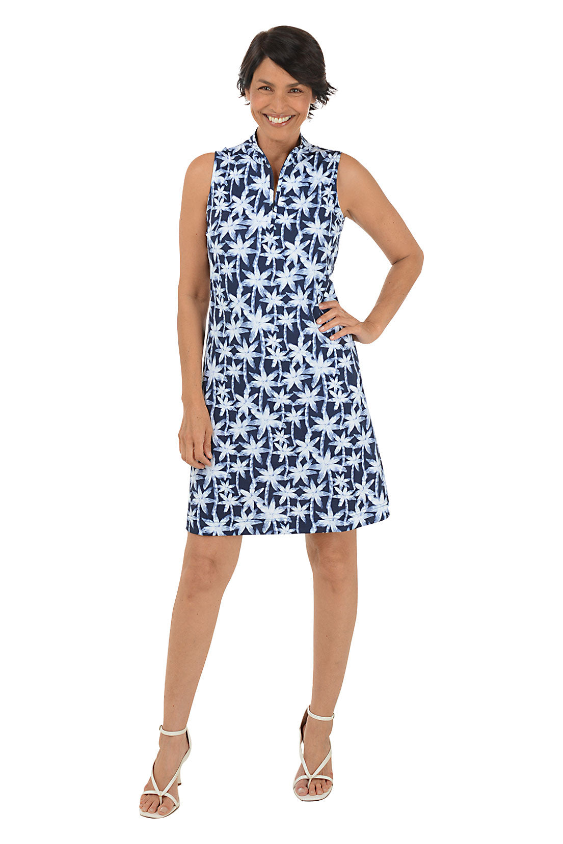 UPF50+ Cooling Brushstroke Palms Mock Neck Dress - Perfect for Beach Vacations, Summer Outings & Sun Protection