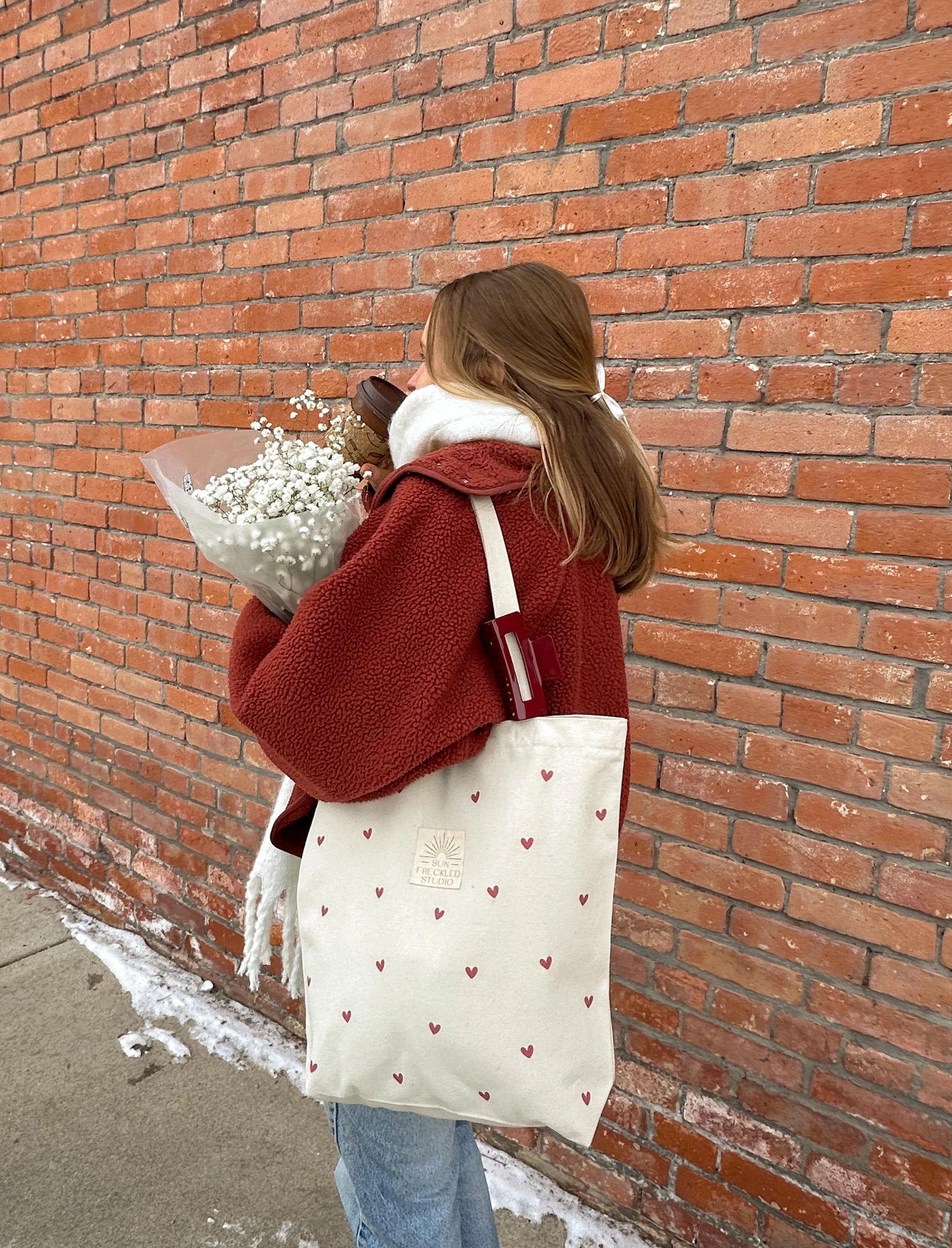 Heart Print Canvas Zipper Tote Bag with Pockets & Key Leash - Secure Closure Everyday Carry All for Women, Work, School & Travel