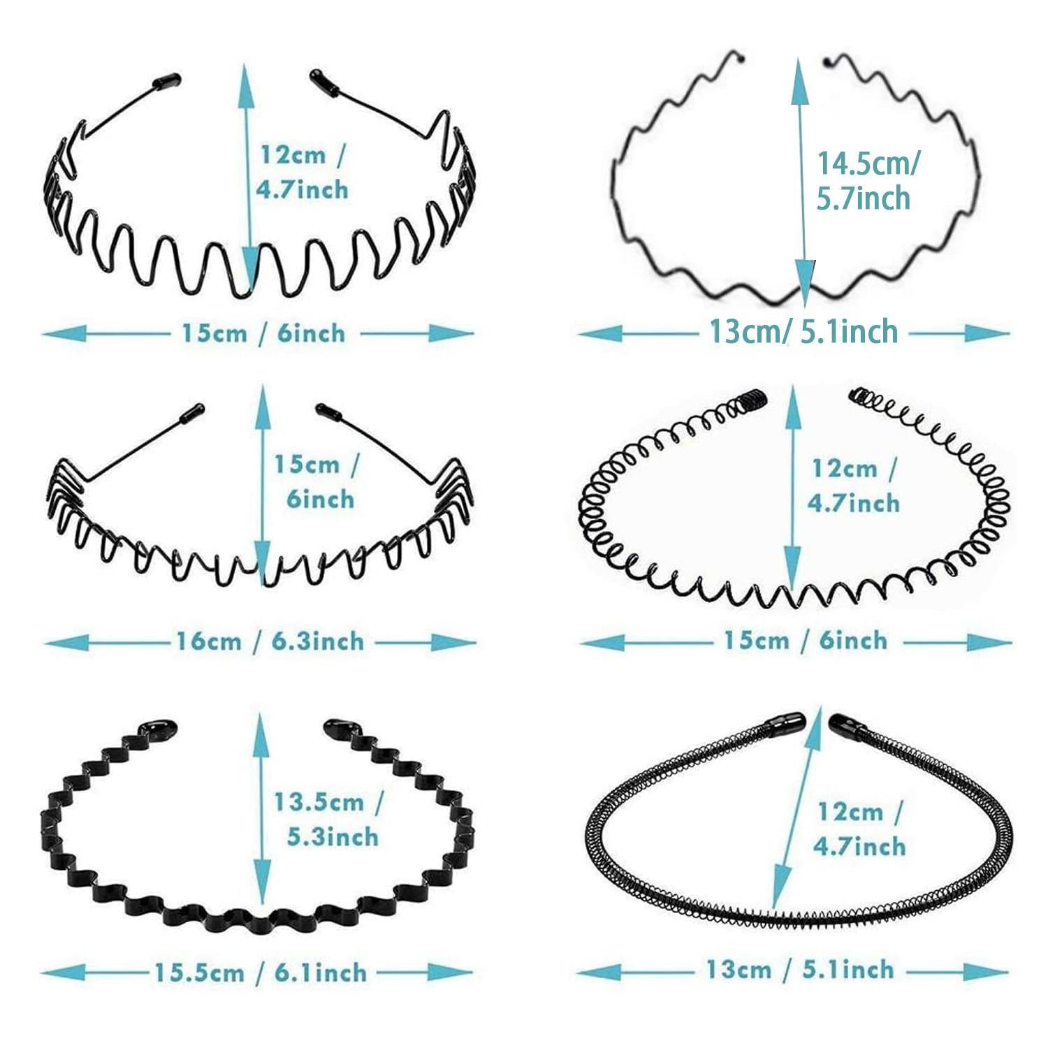 WUBAYI 6Pcs Metal Headbands for Men & Women - Non-Slip Sports Headband, Fashion Hair Band for Gym, Running, Yoga, Weddings & Daily Wear - Black Unisex Head Accessories