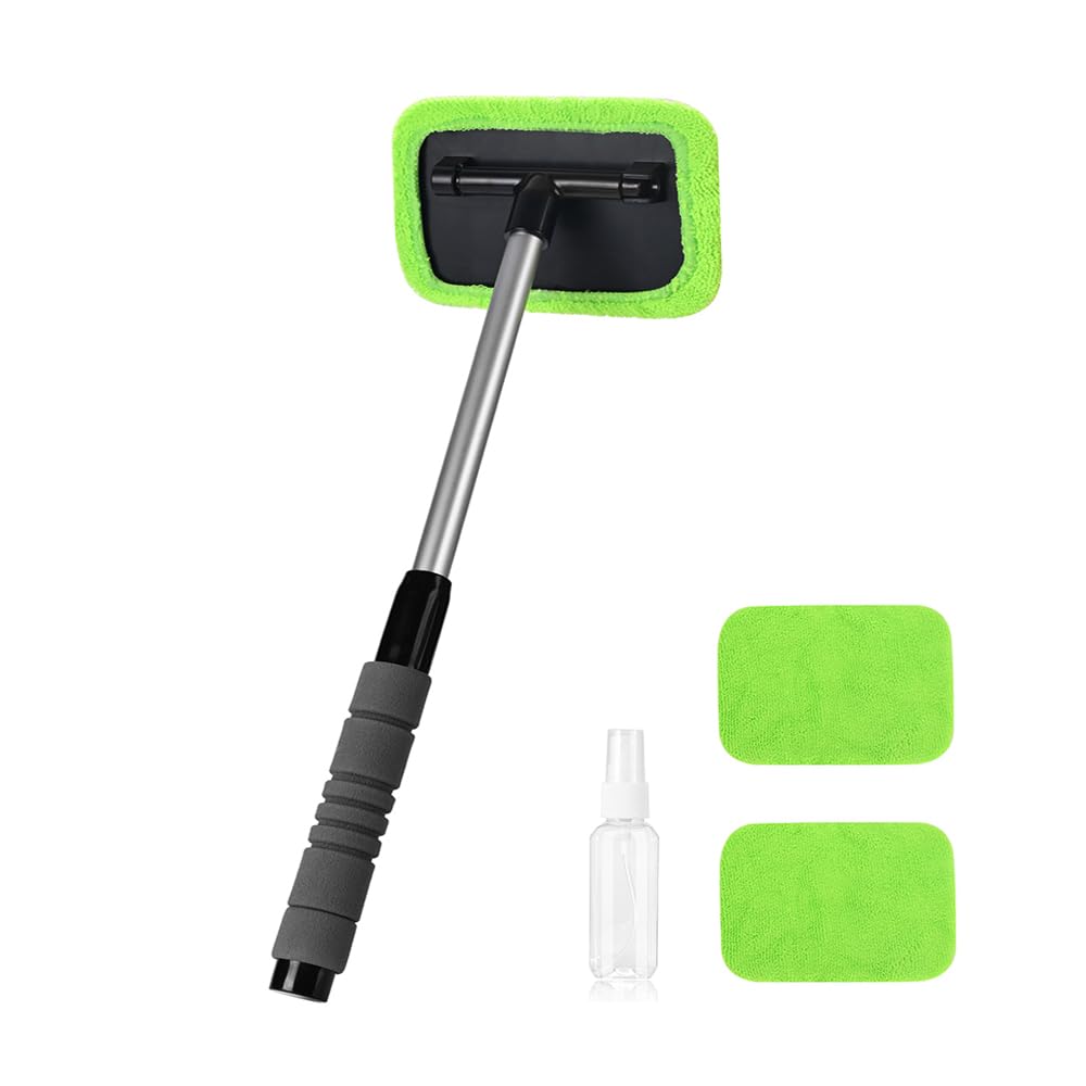 XINDELL Car Windshield Cleaner with Extendable Handle - Reusable Microfiber Pads for Streak-Free Auto Glass Cleaning, Interior & Exterior Car Care Tool (Green) - Perfect for Road Trips, Daily Commutes & Car Detailing