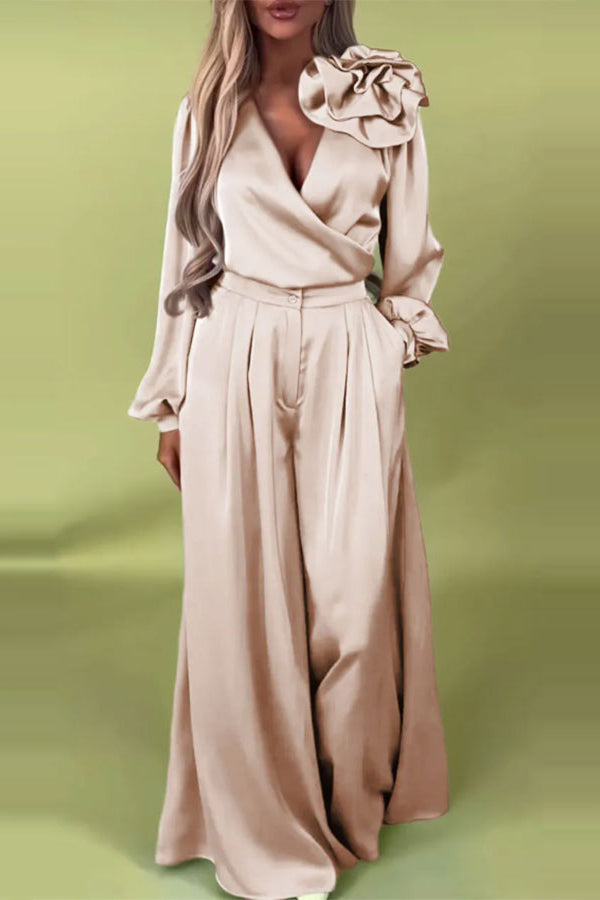 Elegant Solid Color V-Neck Long Sleeve Blouse with Floral Embroidery & Casual Pocket Wide Leg Pants Set - Perfect for Office Wear, Date Night and Spring Outfits