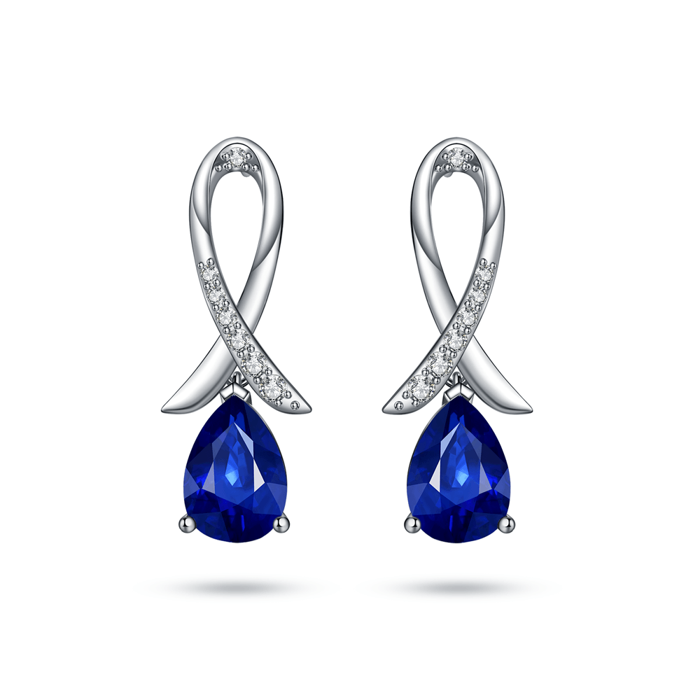 Blue Sapphire Stud Earrings for Women - 14K Gold Plated Pavé Ribbon Design - Perfect for Weddings, Parties & Special Occasions