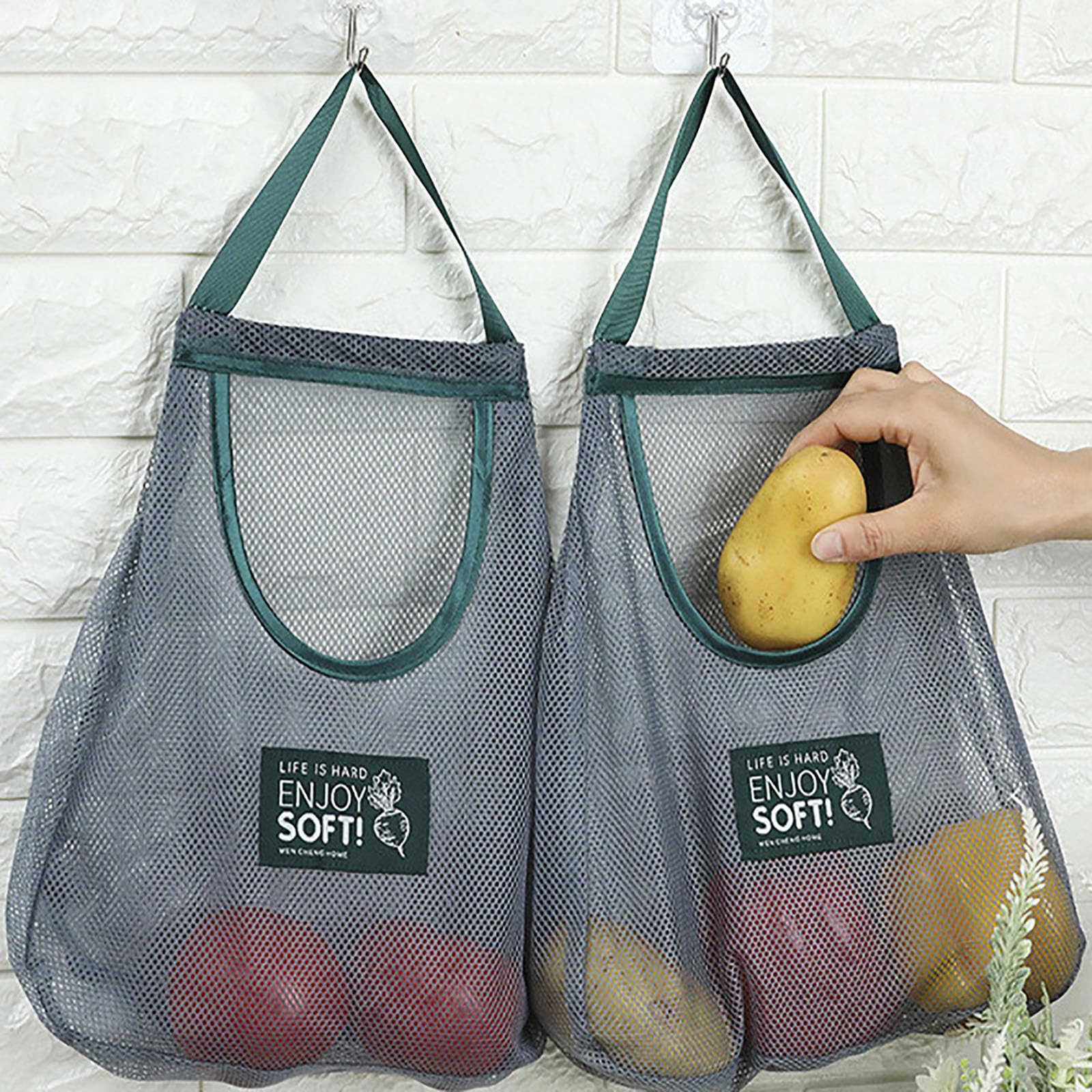 3pcs Reusable Hanging Mesh Produce Bags - Eco-Friendly Breathable Net Storage Bags for Fruits, Vegetables, Garlic, Onions, Potatoes - Perfect for Home Kitchen, RV, Camping & Grocery Shopping - Reduce Plastic Waste