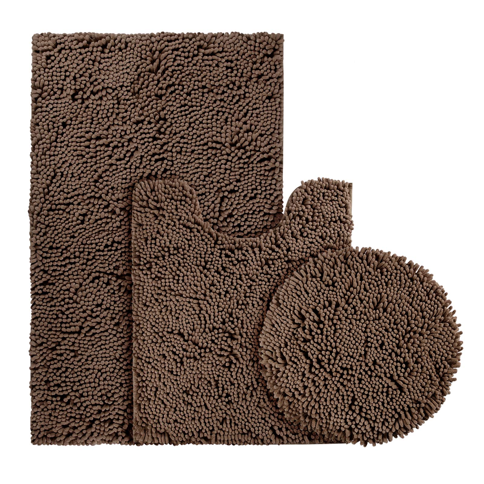 BYSURE 3-Piece Brown Bathroom Rug Set - Non-Slip, Super Absorbent Shaggy Chenille Toilet Lid Cover & Bath Mats - Soft, Quick-Dry Bathroom Carpet Set for Cozy Home Decor