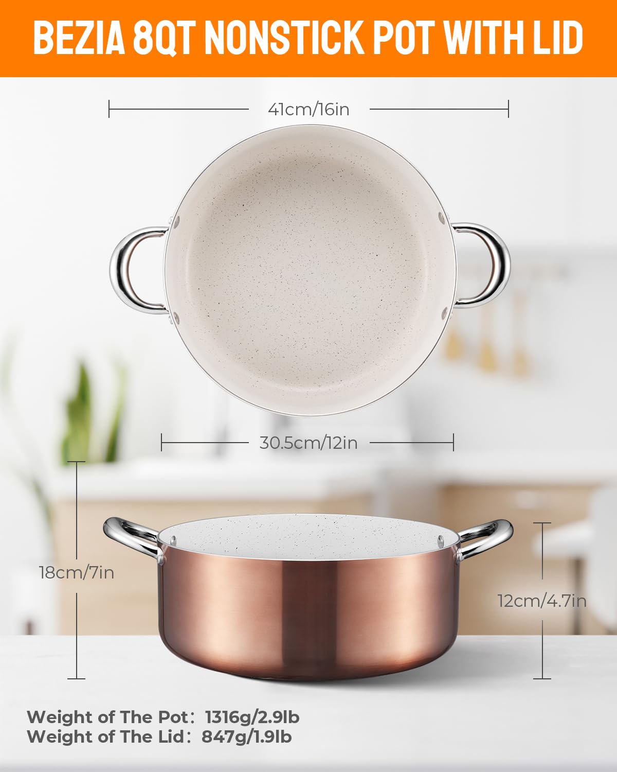BEZIA 8 Quart Nonstick Stock Pot with Lid - Induction Compatible, Oven Safe Cooking Pot for Soups, Stews & Pasta - Perfect for Gas, Electric & All Stovetops - Ideal for Family Dinners & Meal Prep