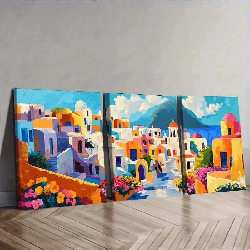 3-Piece Greek Island Style Town Wall Art Set - Framed Canvas 40x60cm (16x24in) - High Quality Print - 100% Australian Made - Ready to Hang - Perfect for Living Room, Bedroom & Office Decor