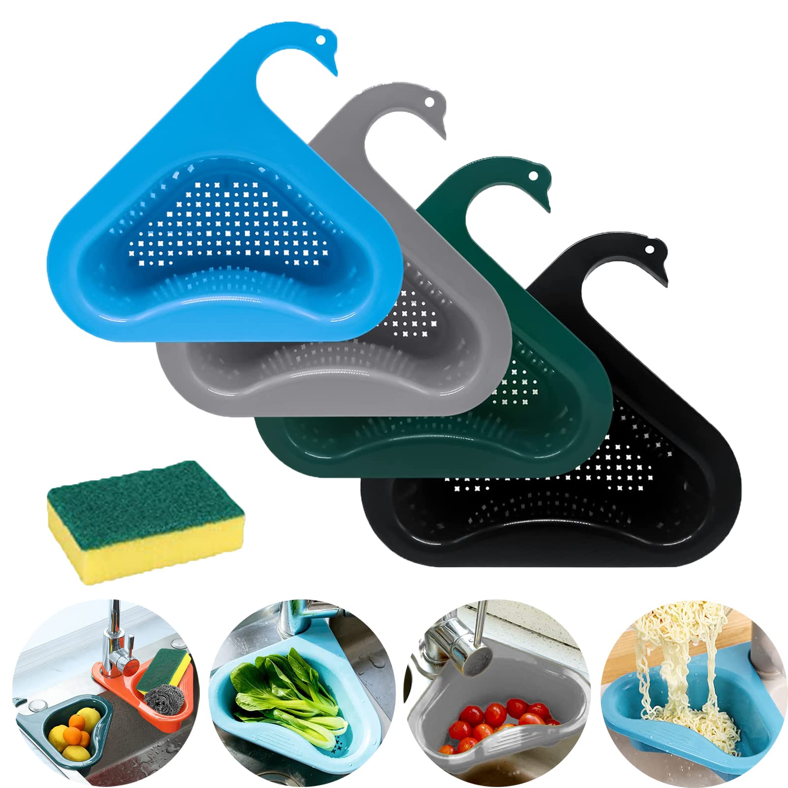 4 Pcs Swan-Shaped Kitchen Sink Drain Basket - Stainless Steel Sink Strainer with Hanging Hook & Sponge | Multi-Functional Triangular Sink Filter for Food Waste | Perfect for Kitchen, RV, Camper & Outdoor Cooking