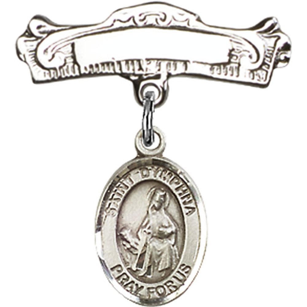 Sterling Silver Baby Badge with St. Dymphna Charm - 7/8 X 7/8 Inch Arched Polished Pin - Perfect for Christening, Baptism & First Communion Gifts
