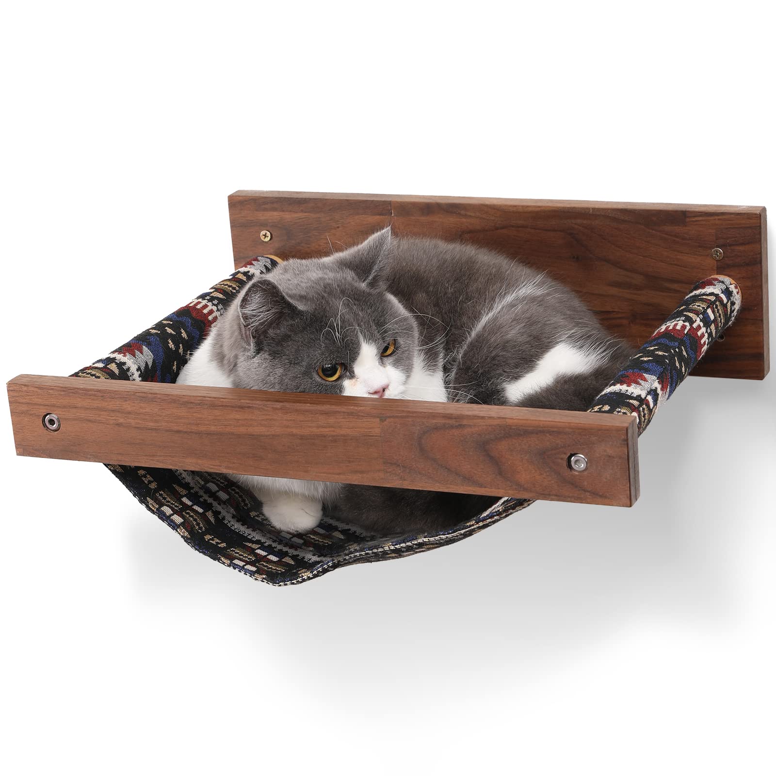 Premium Walnut Wood Cat Hammock Wall Mounted - Sturdy Kitty Bed & Perch for Sleeping, Playing, Climbing - Modern Cat Wall Furniture with Figured Stripe Design - Perfect for Small Spaces & Multi-Cat Homes