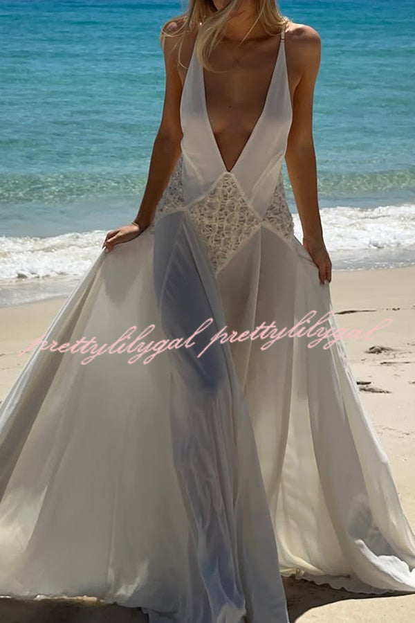 Venus By The Sea Tulle Lace Patchwork Backless Flowy Maxi Dress for Women - Elegant Beach Wedding Guest Dress & Summer Party Gown